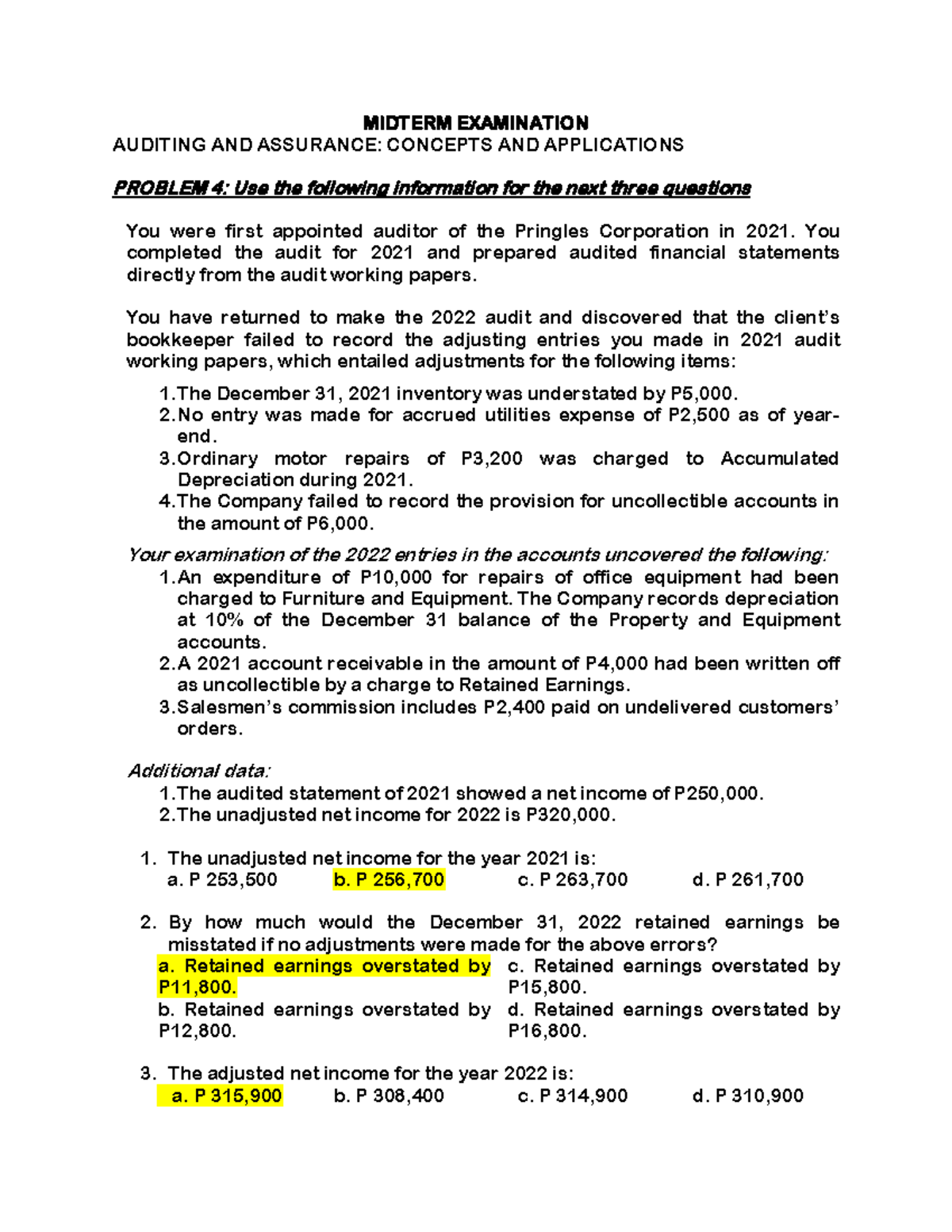 First Corporation - MIDTERM EXAMINATION AUDITING AND ASSURANCE ...
