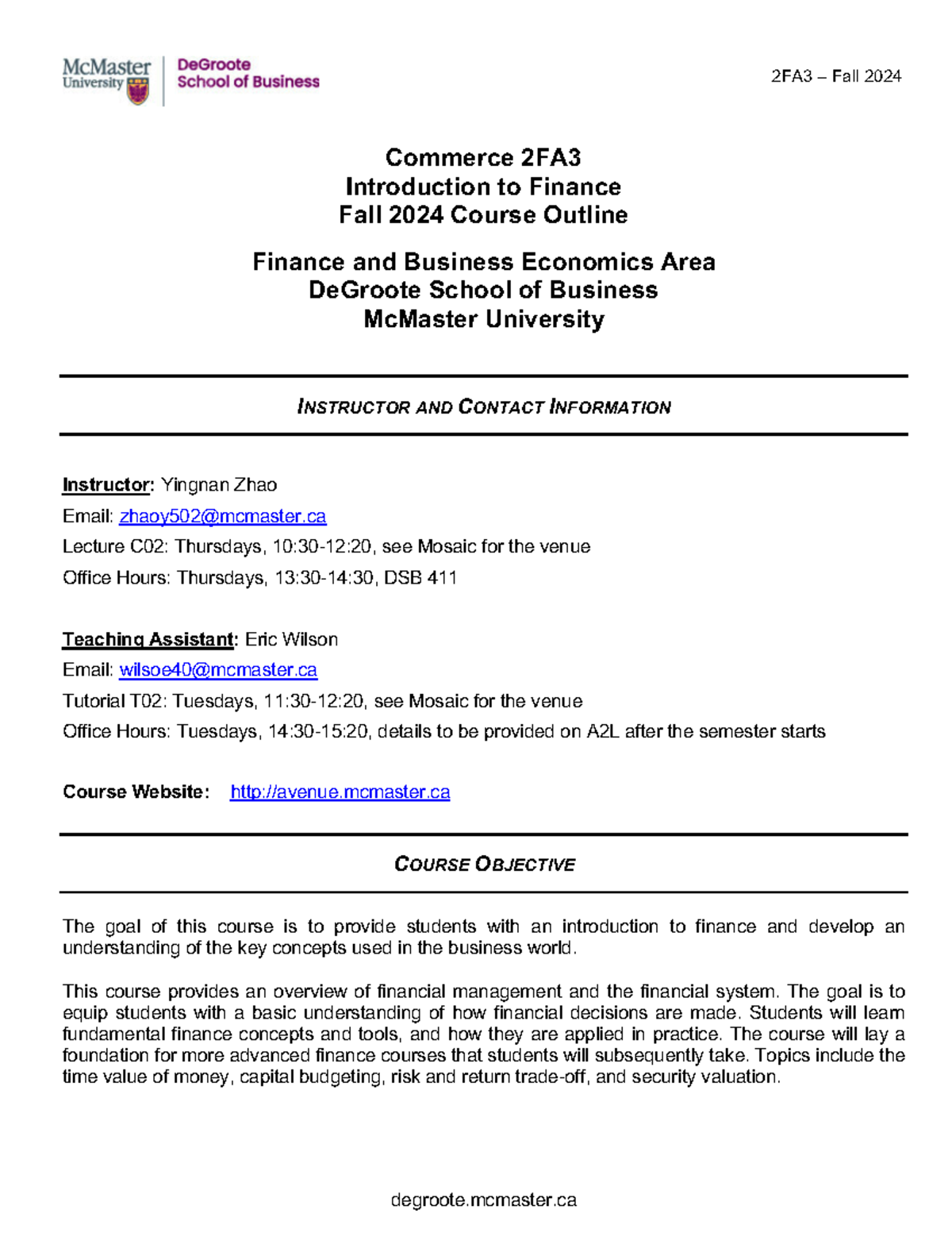 Course Outline for COMM 2FA3 - Intro to Finance, Fall 2024 - Section ...