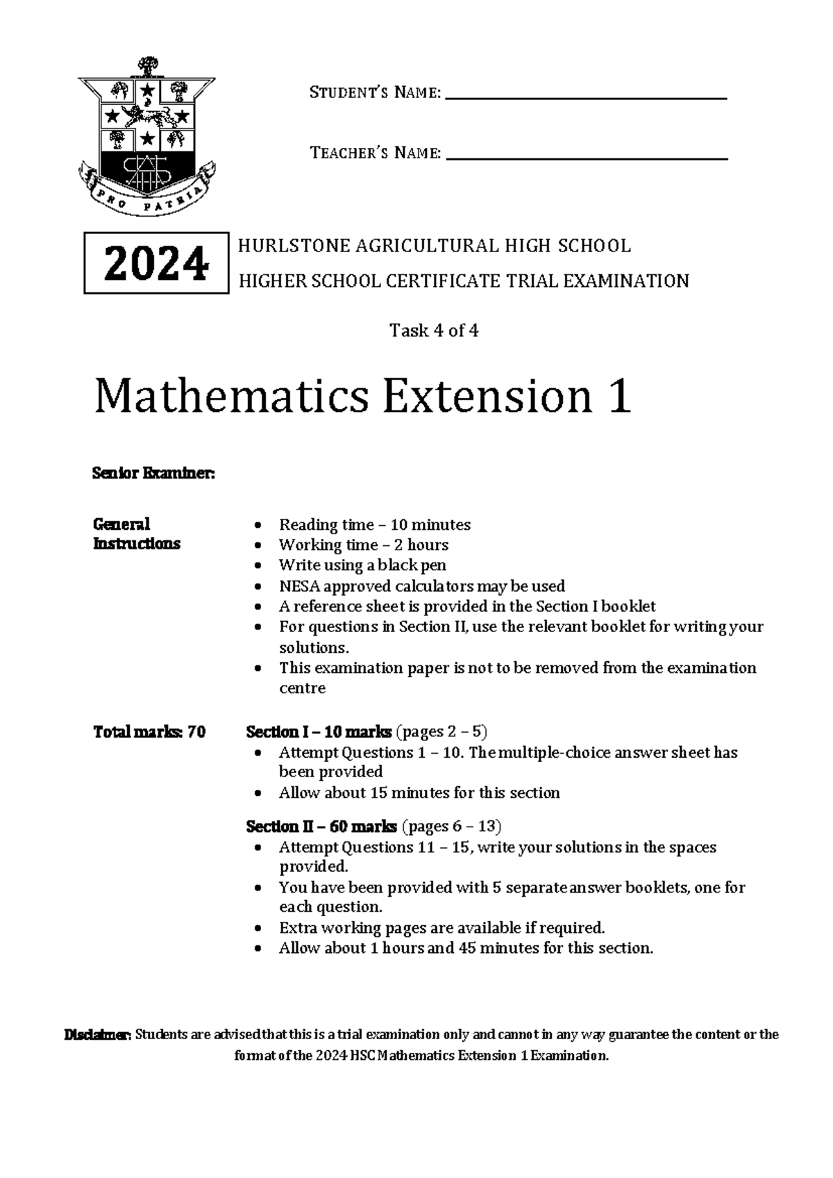 HAHS 2024 Mathematics Extension 1 Trial Examination Paper - Studocu