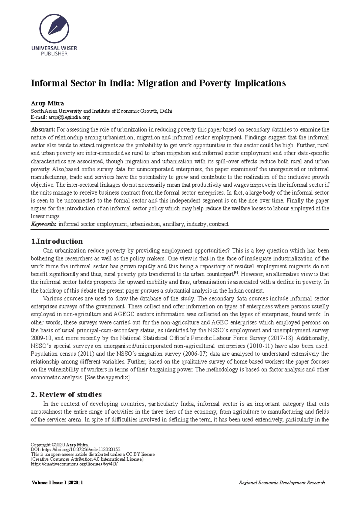 REDR 153: Informal Sector in India - Migration & Poverty Dynamics ...