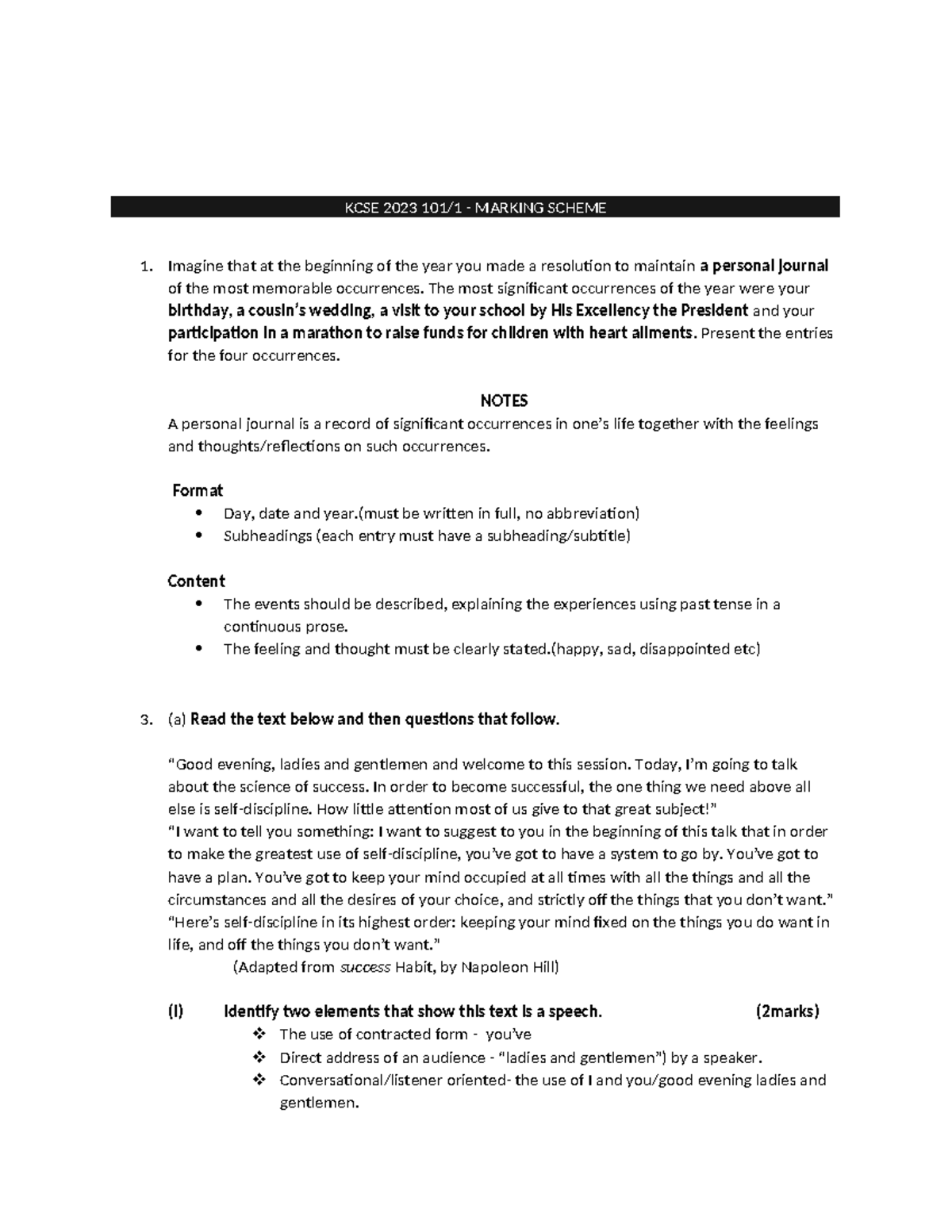 KCSE ENG 101/1 Marking Scheme - Personal Journal & Speech Analysis ...