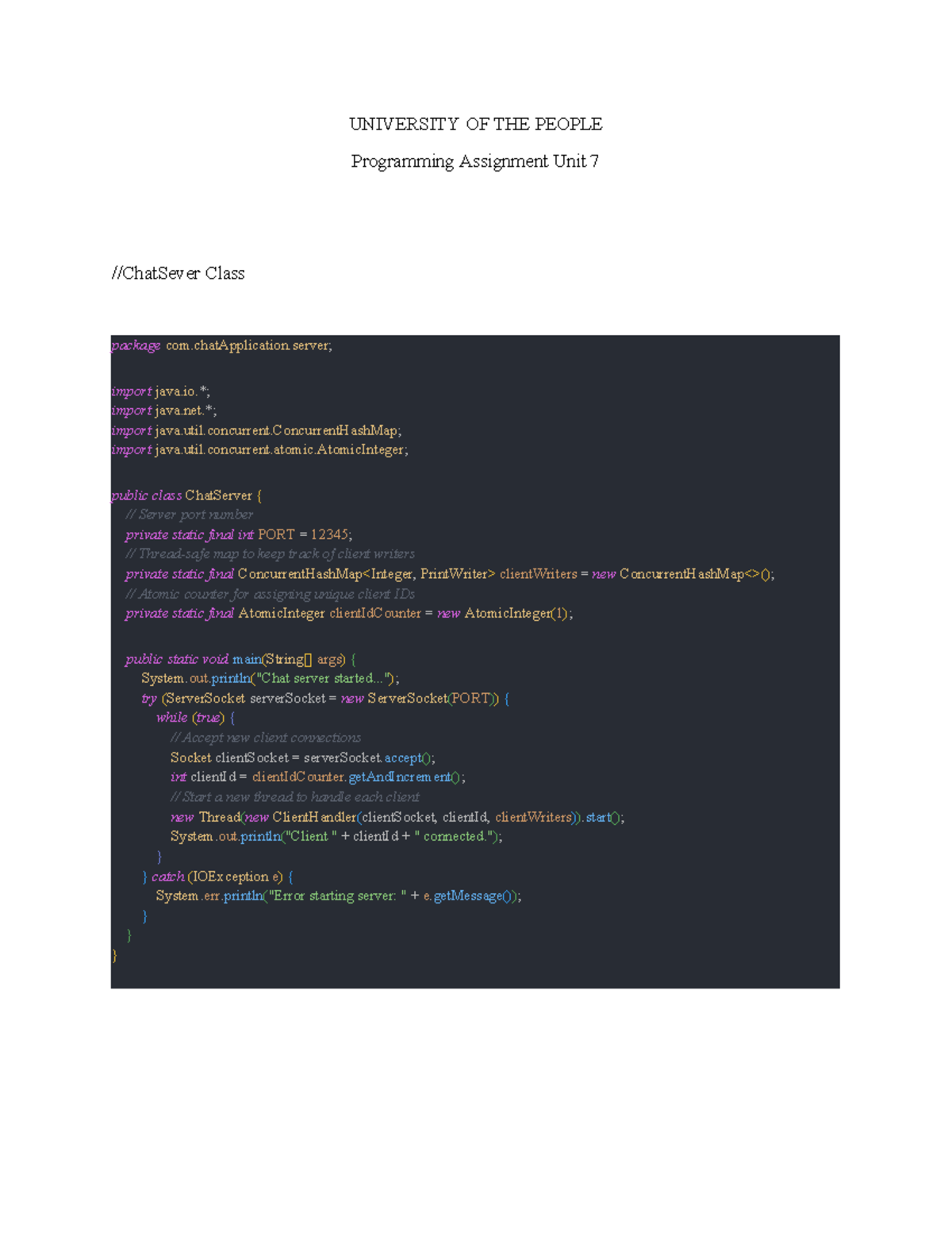 Programming Assignment U7: ChatServer and Client Implementation - Studocu