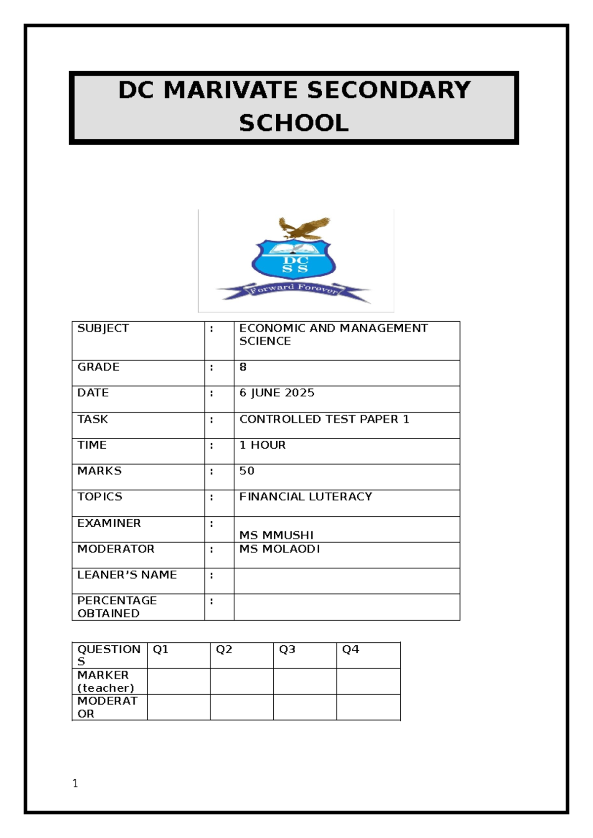 Grade 8 EMS Controlled Test Paper 1 - Financial Literacy - Studocu