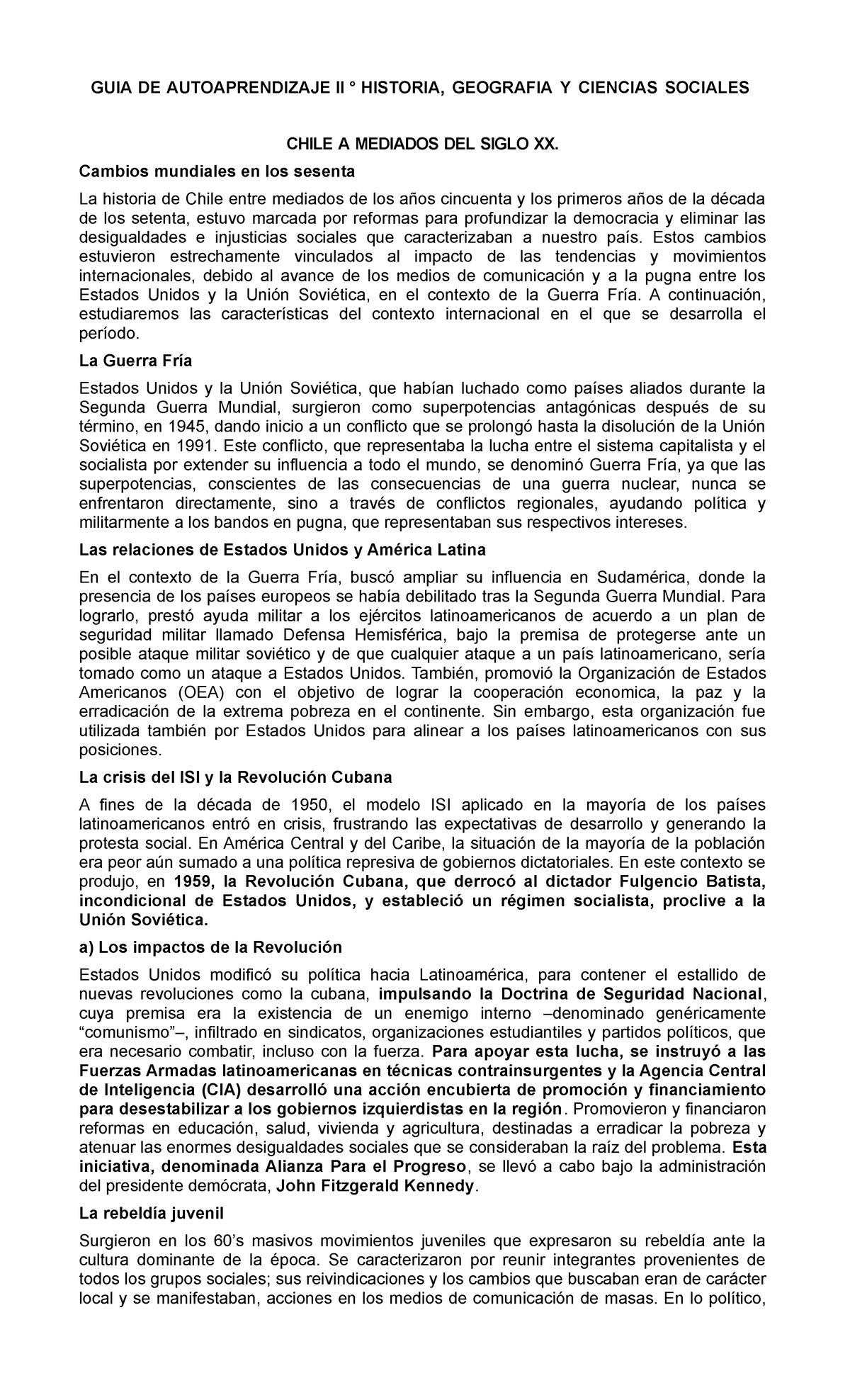 Guía de Autoaprendizaje II: Historia 2° Medio - Chile en los  - Document Preview