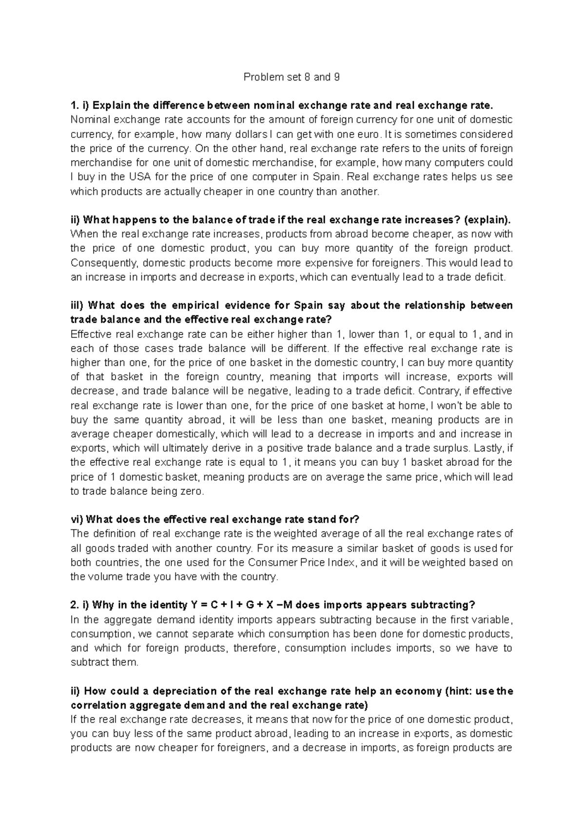 Economics Problem Sets 8 & 9: Exchange Rates and Trade Balance - Studocu