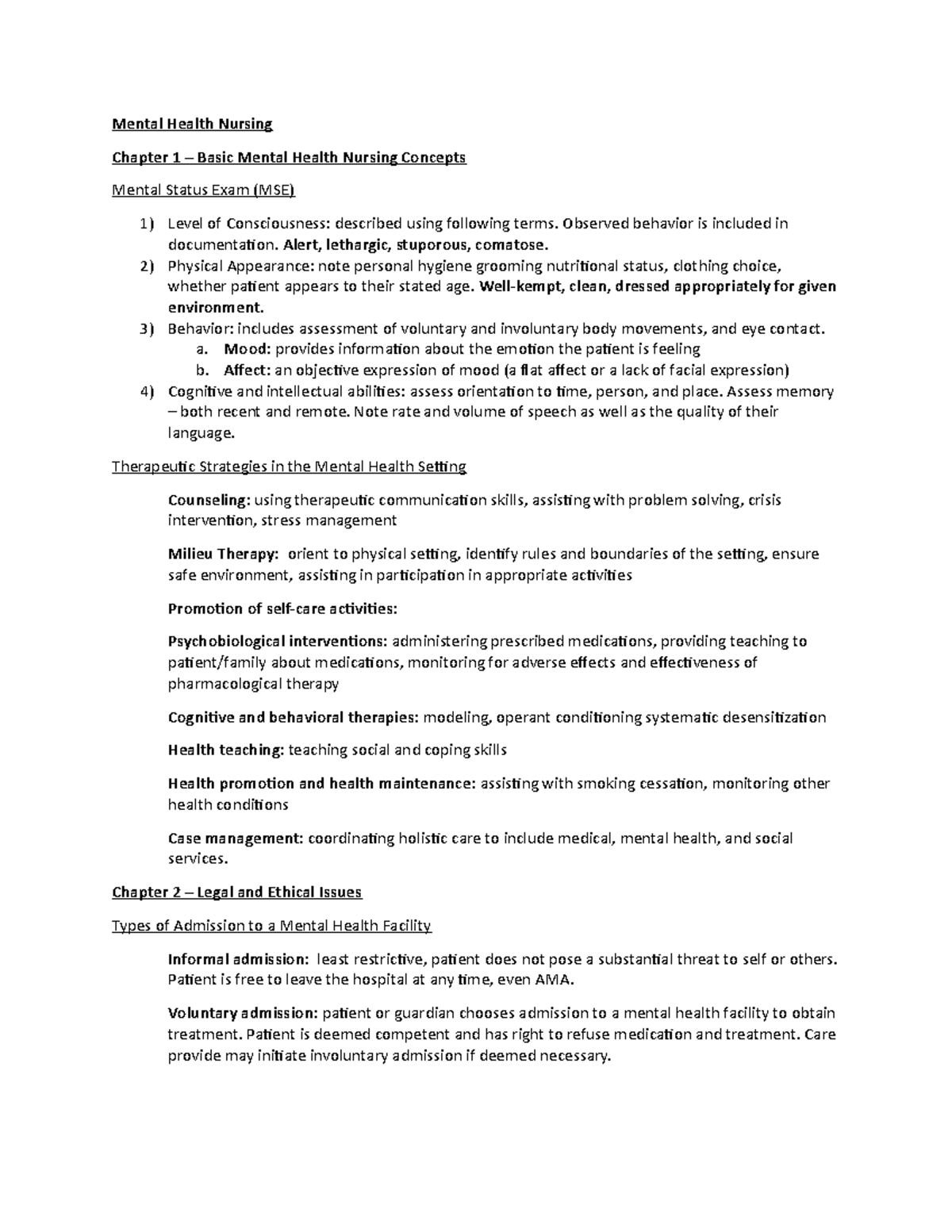 ATI Mental Health Nursing Week 1 Notes: Concepts & Legal Issues - Studocu