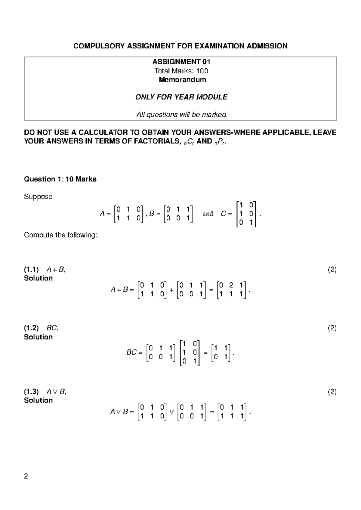MAT2612 Assignment 1 Solutions for Examination Admission 2025 - Studocu