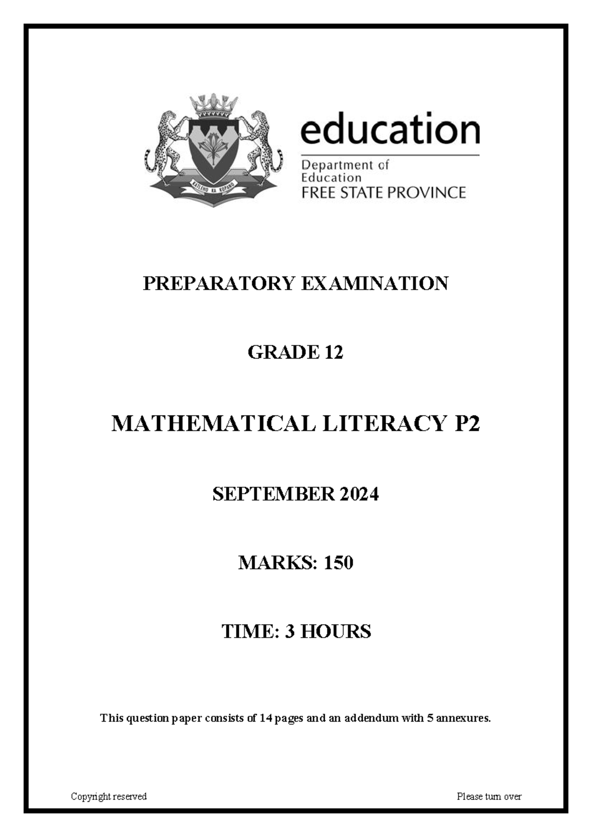 Mathematical Literacy Grade 12 Prep Exam QP ENG P2 Sept 2024 - Studocu