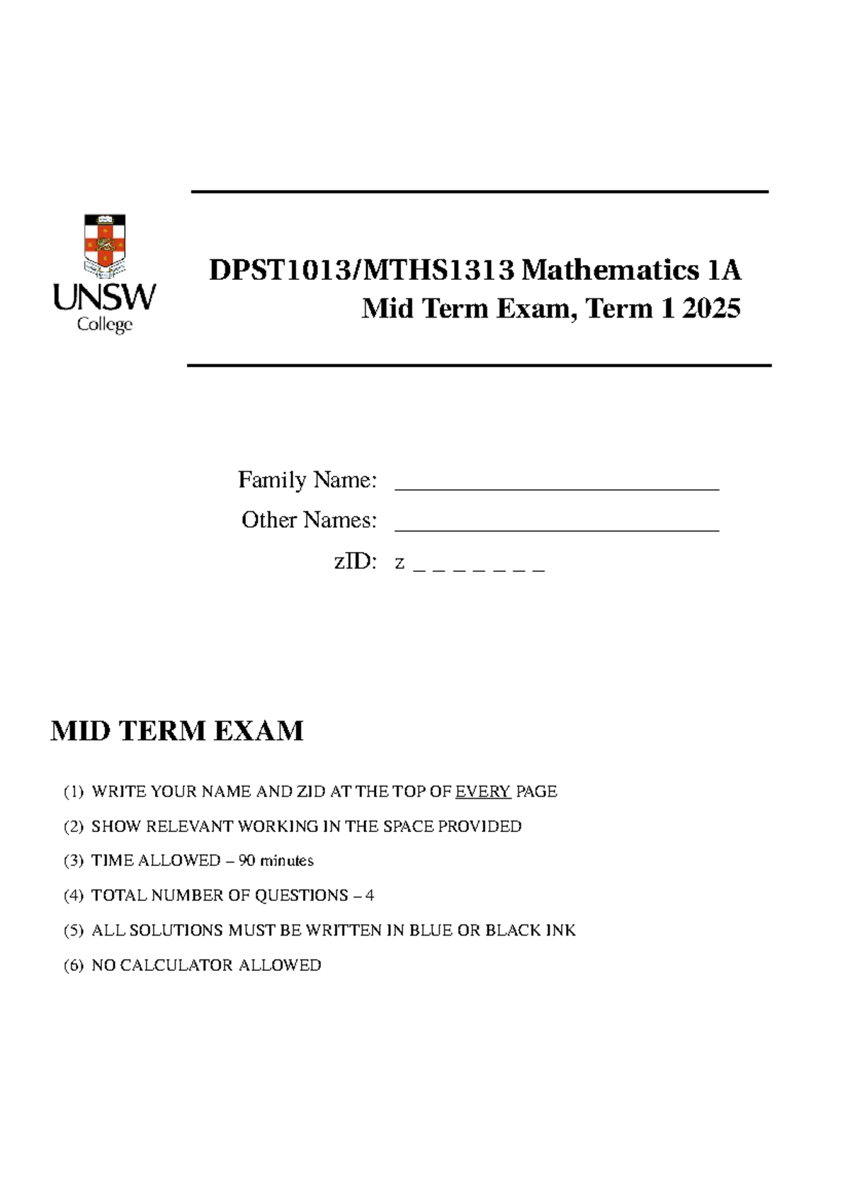 Mathematics 1A Mid Term Exam Review Notes - Term 1 2025 - Studocu