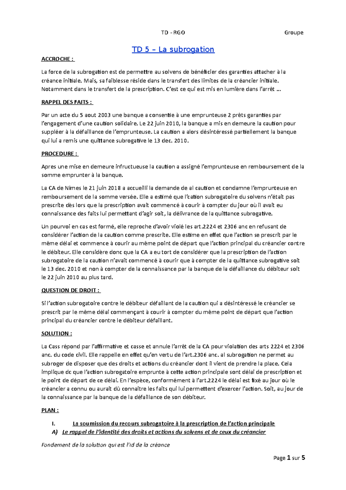 Commentaire TD 5 : La Subrogation et sa Prescription - Studocu