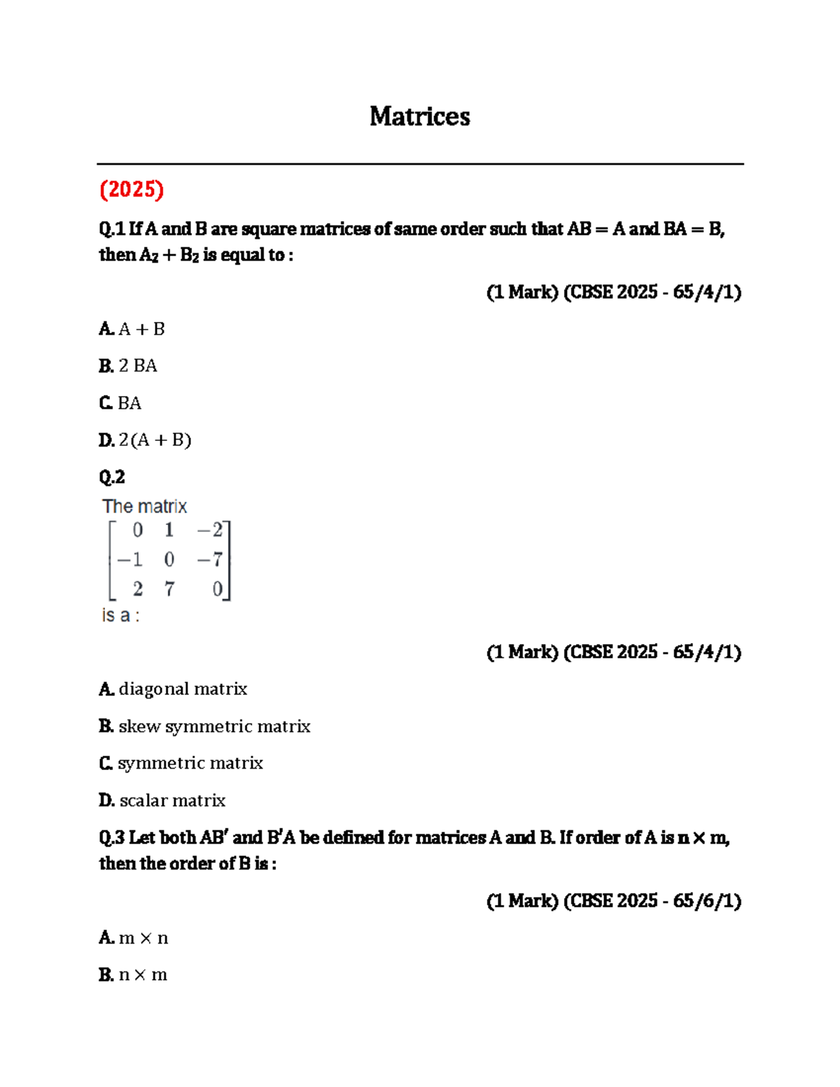 Unit-2 Matrices PYQ - Important Questions for CBSE 2025 - Studocu
