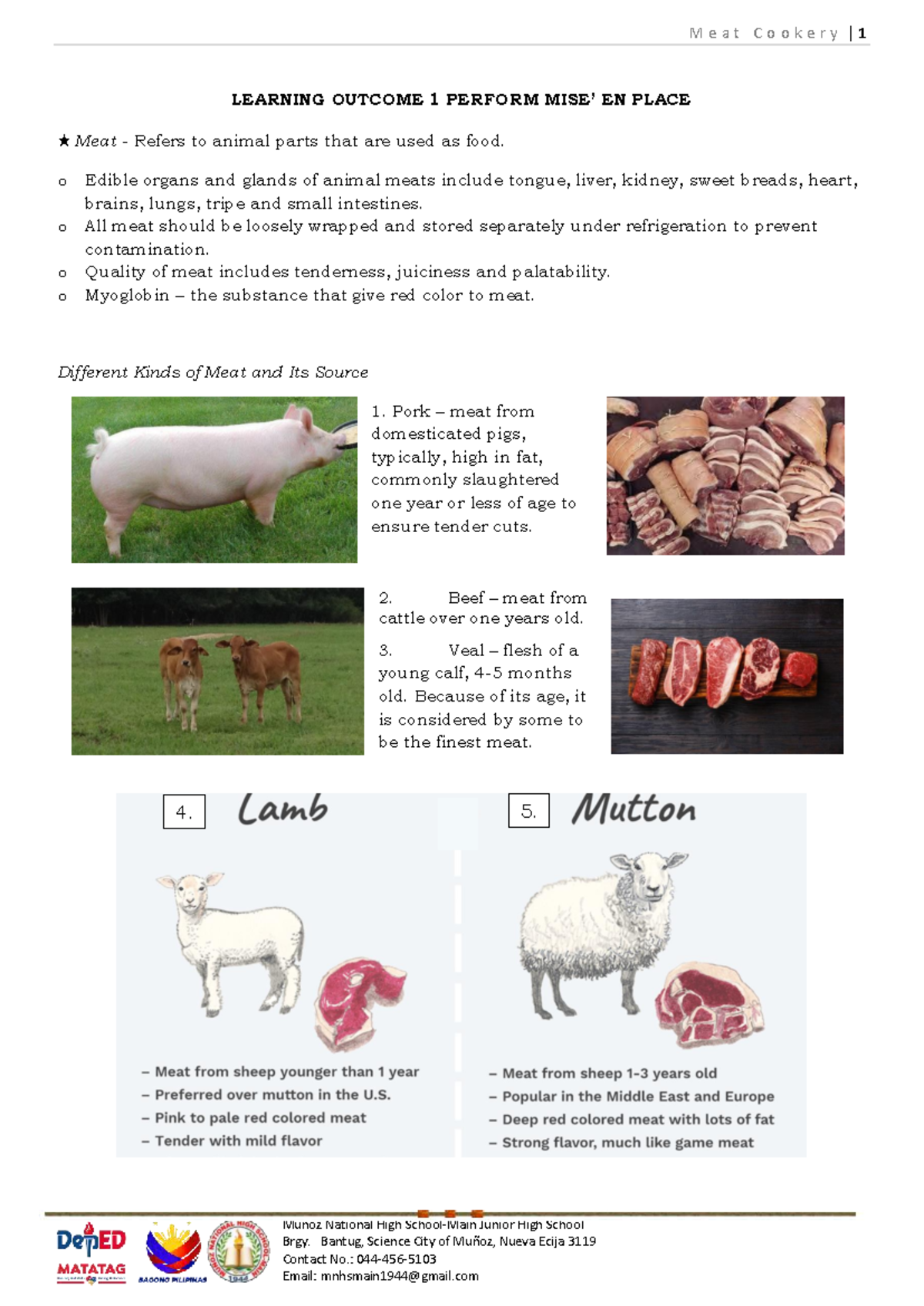 Meat Cookery Q4 Lectures: Learning Outcomes 1-4 Overview - Studocu
