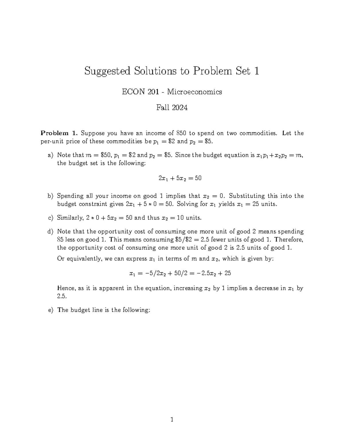Problem set 1 solutions for ECON 201 microeconomics Fall 2024 - Studocu