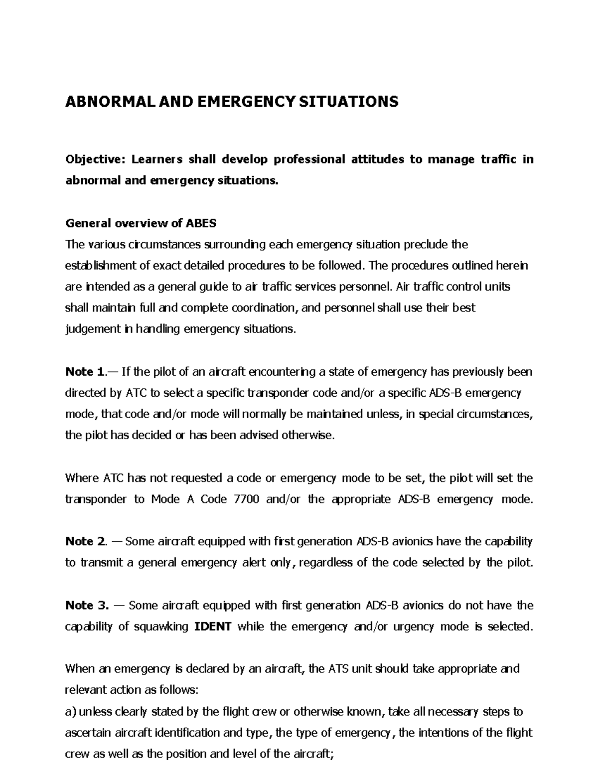 ABES 2.0: Managing Abnormal & Emergency Situations in ATC - Studocu