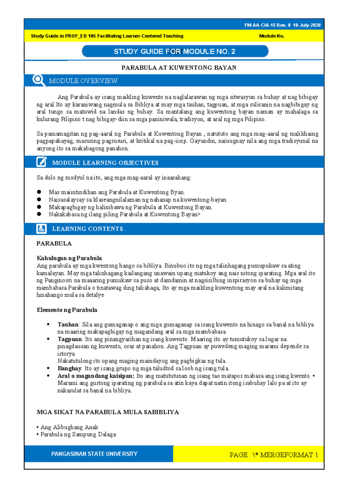 Study Guide for PROF_ED 105: Parabula at Kuwentong Bayan Module - Studocu