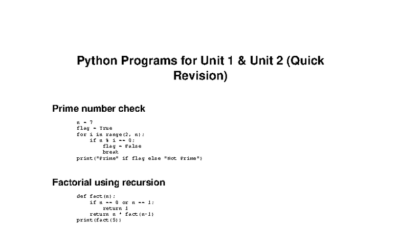 Python Programs Revision for Unit 1 & Unit 2 - Studocu