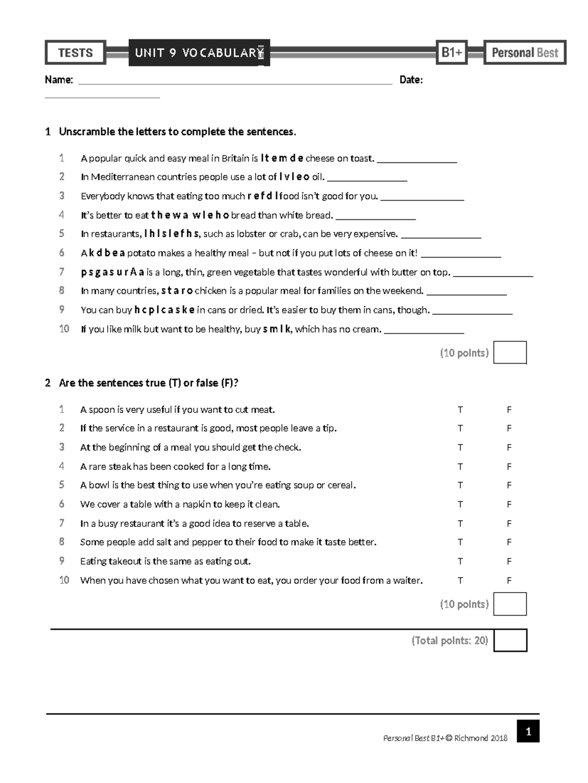 Personal Best B1+ Unit 9 Vocab test - 1 Personal Best B1+ Richmond 2018 ...