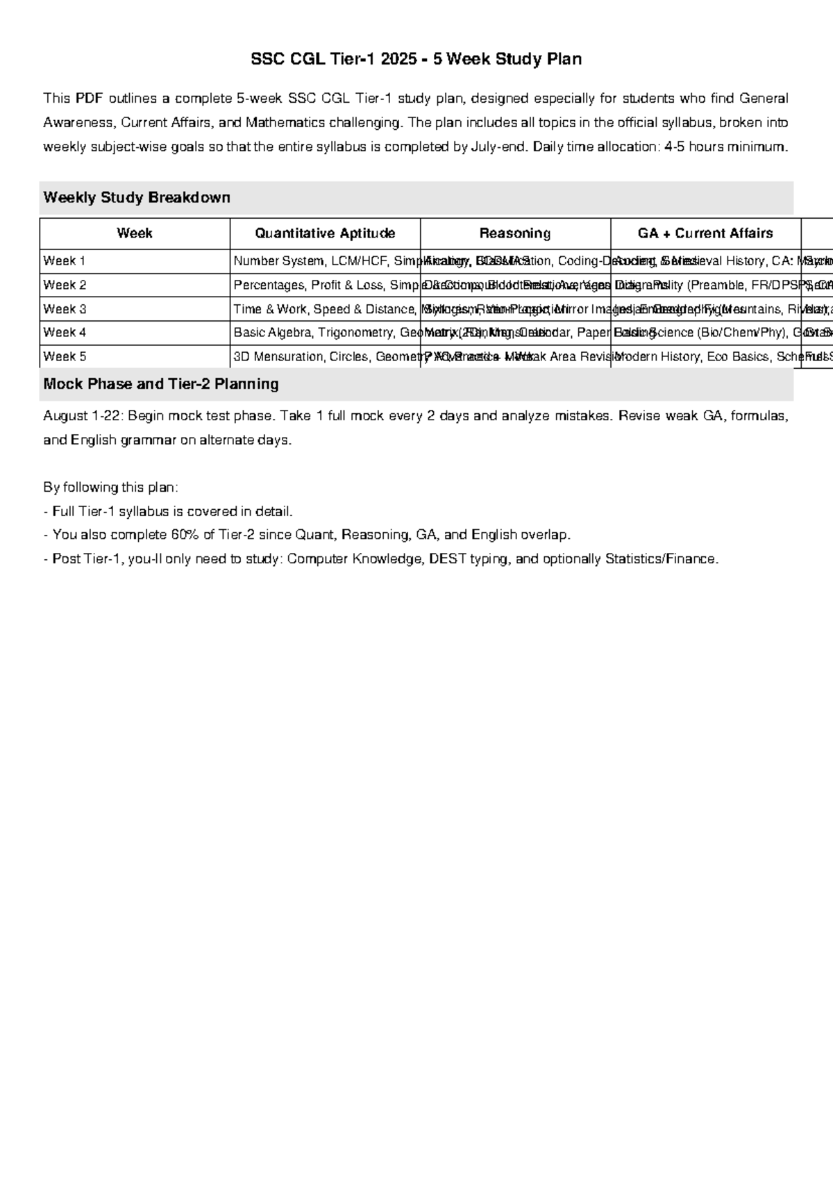 SSC CGL 2025: Comprehensive 5-Week Study Plan for Success - Studocu