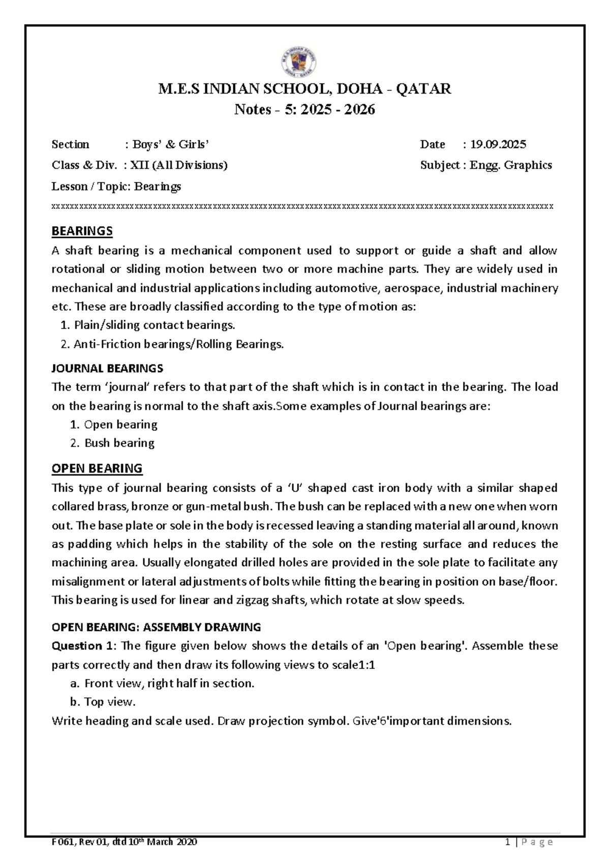 EG 12 Class XII Notes: Bearings and Assembly Drawings - Studocu