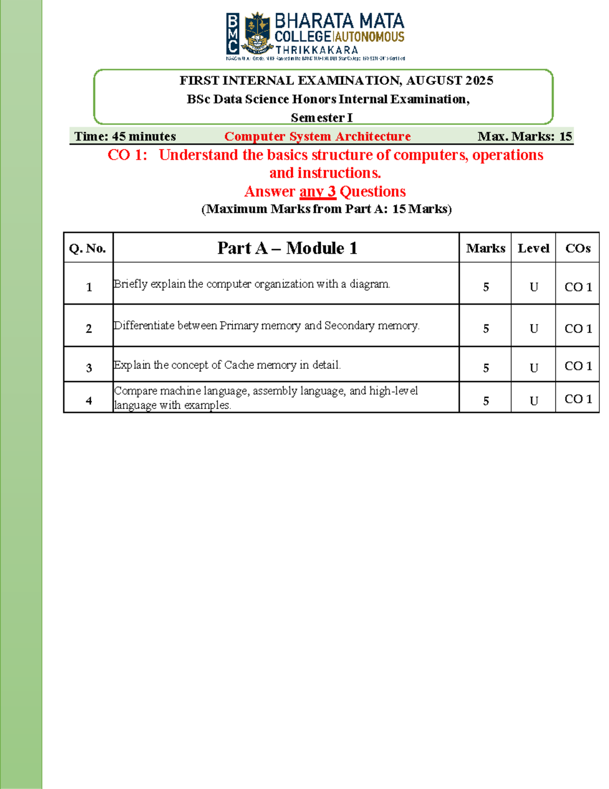 BSc Data Science Honors: First Internal Exam - CSA, Aug 2025 - Studocu