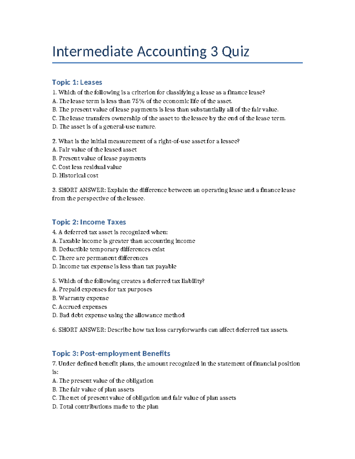 Int Acc 3 Quiz: Leases, Income Taxes, and Benefits Overview - Studocu
