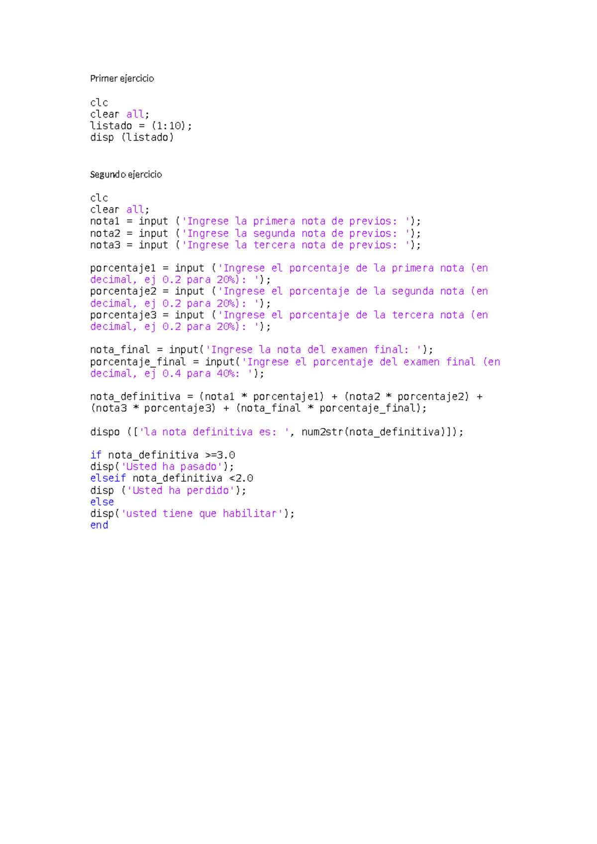 Ejercicio 1 Métodos - Cálculo de Nota Definitiva en MATLAB - Studocu