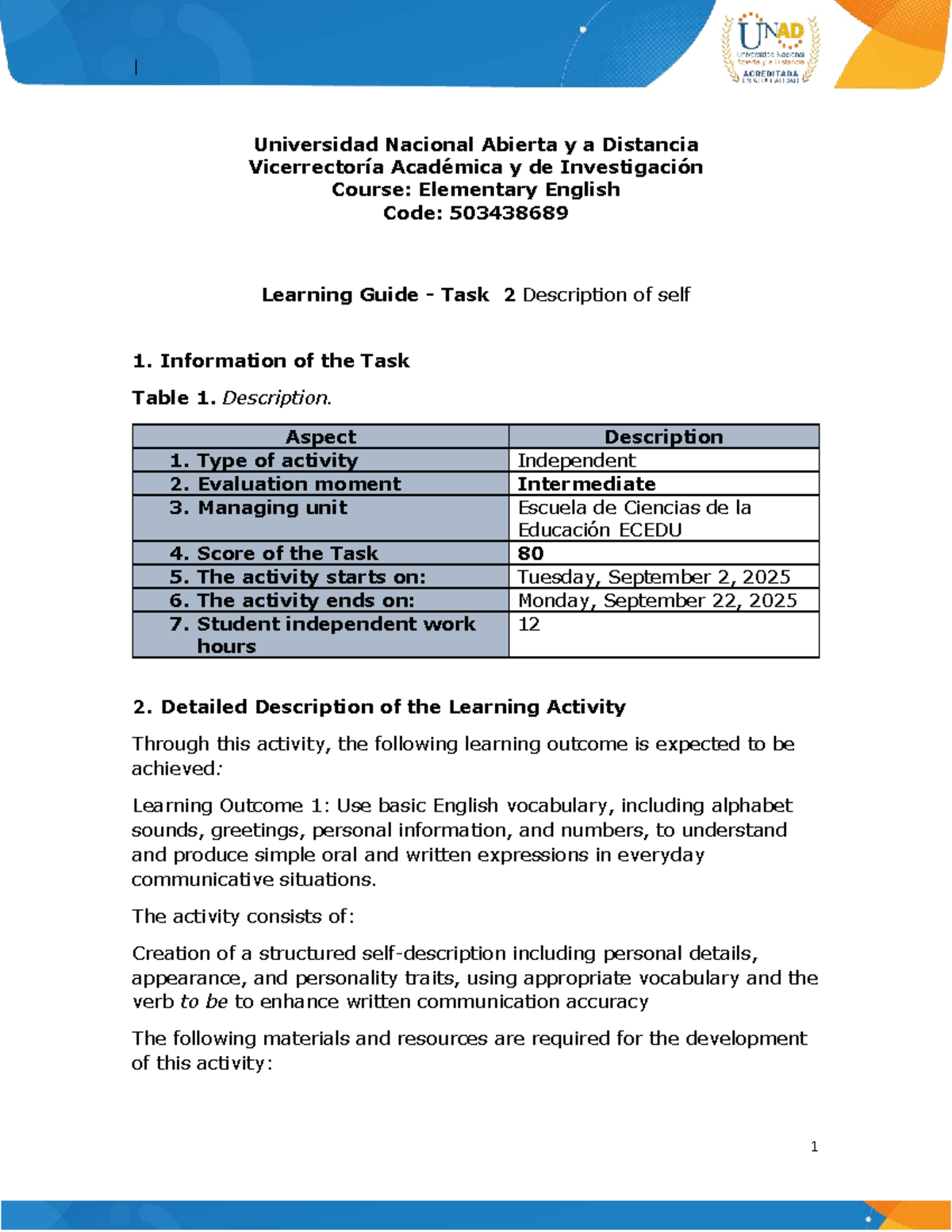 Learning Guide - Task 2: Self-Description for Elementary English ...