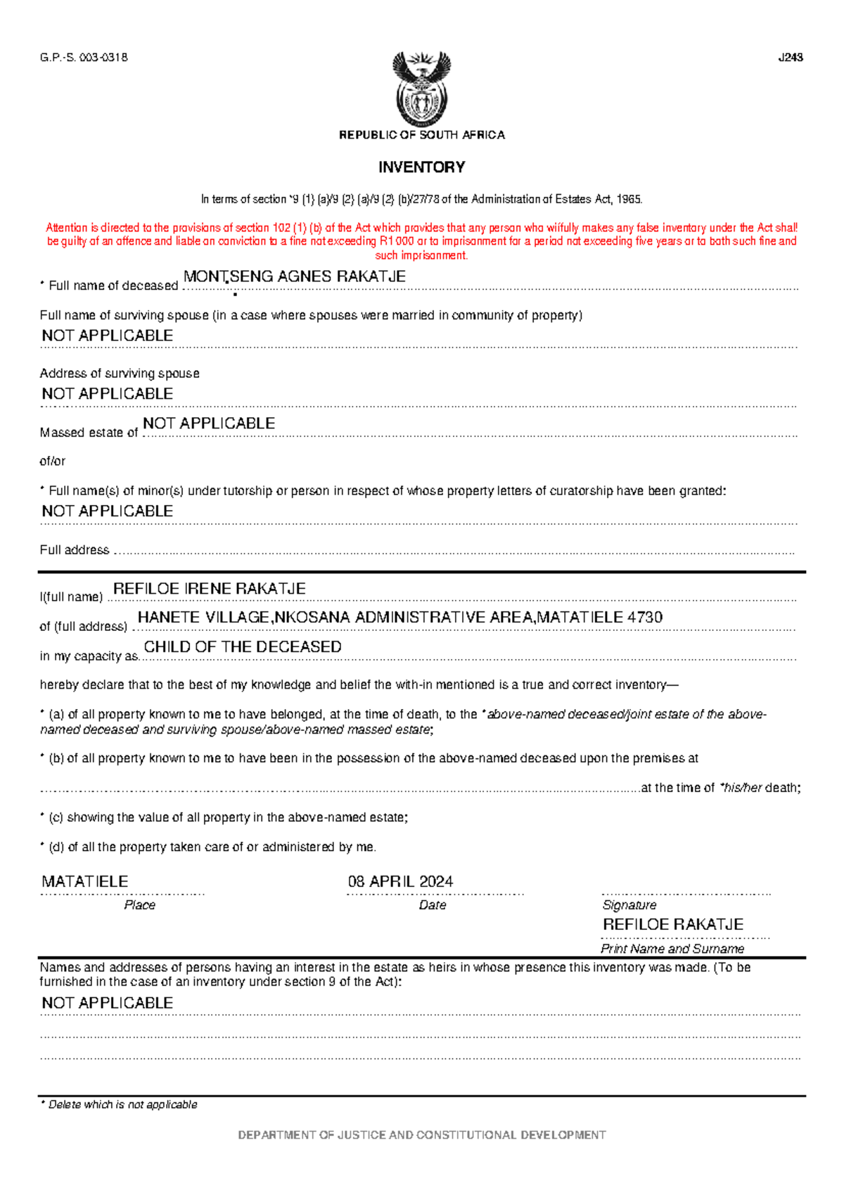 J243.pdf Estate Inventory Document as per Administration of Estates Act ...