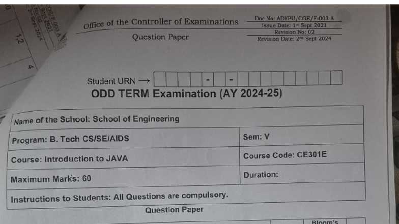 CE301E - Introduction to Java - ODD TERM Exam Question Paper - Studocu