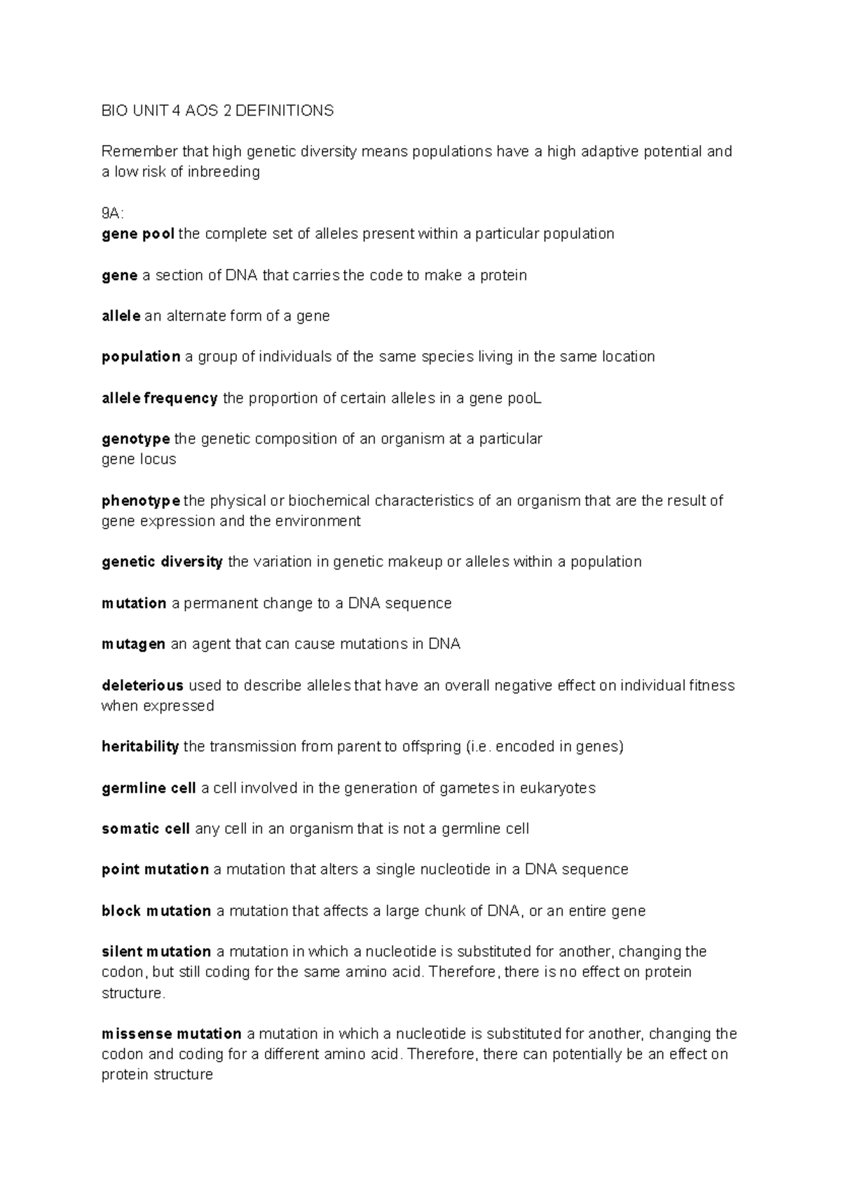 BIO UNIT 4 AOS 2 Key Definitions for Genetic Diversity and Evolution ...