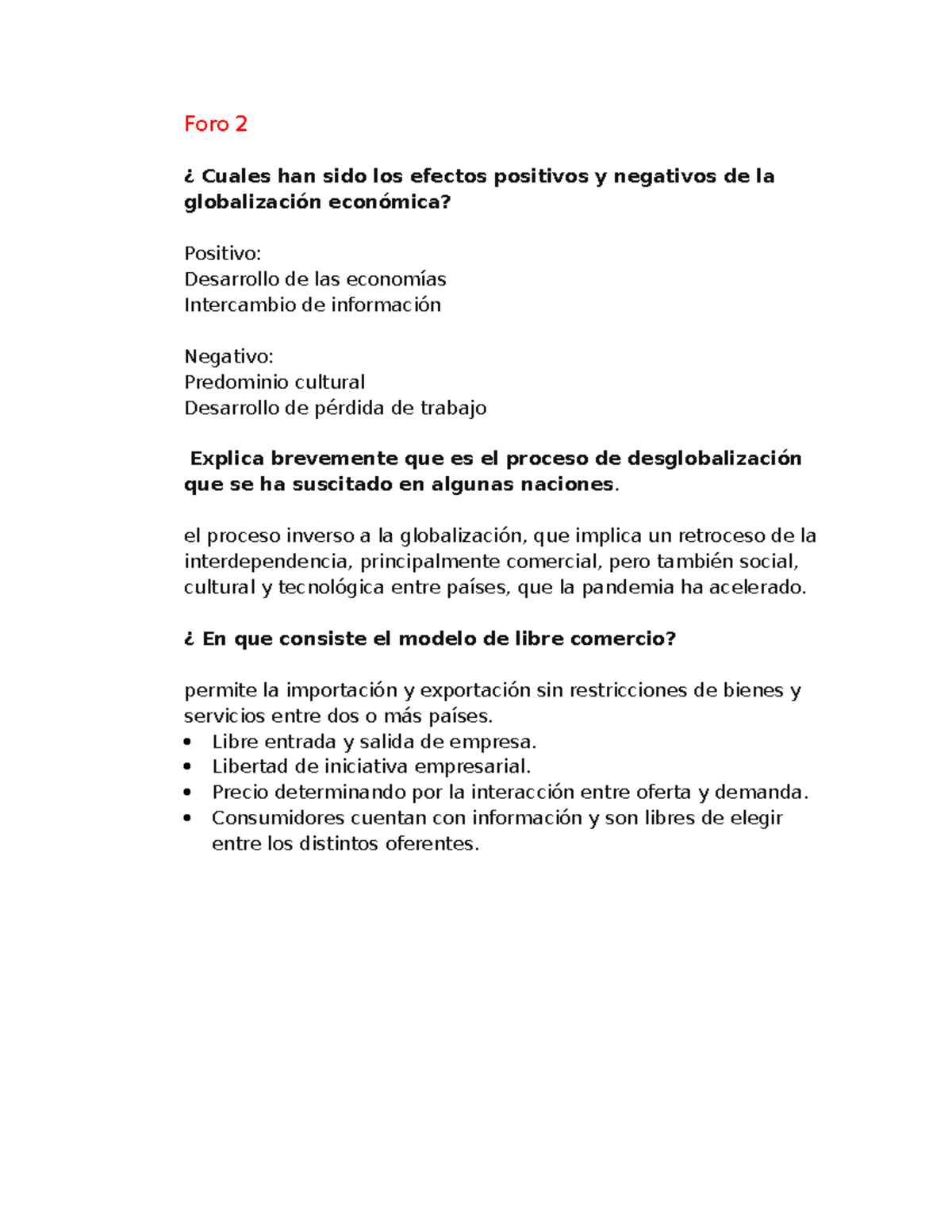 Foro 2: Efectos de la Globalización y Desglobalización - Studocu