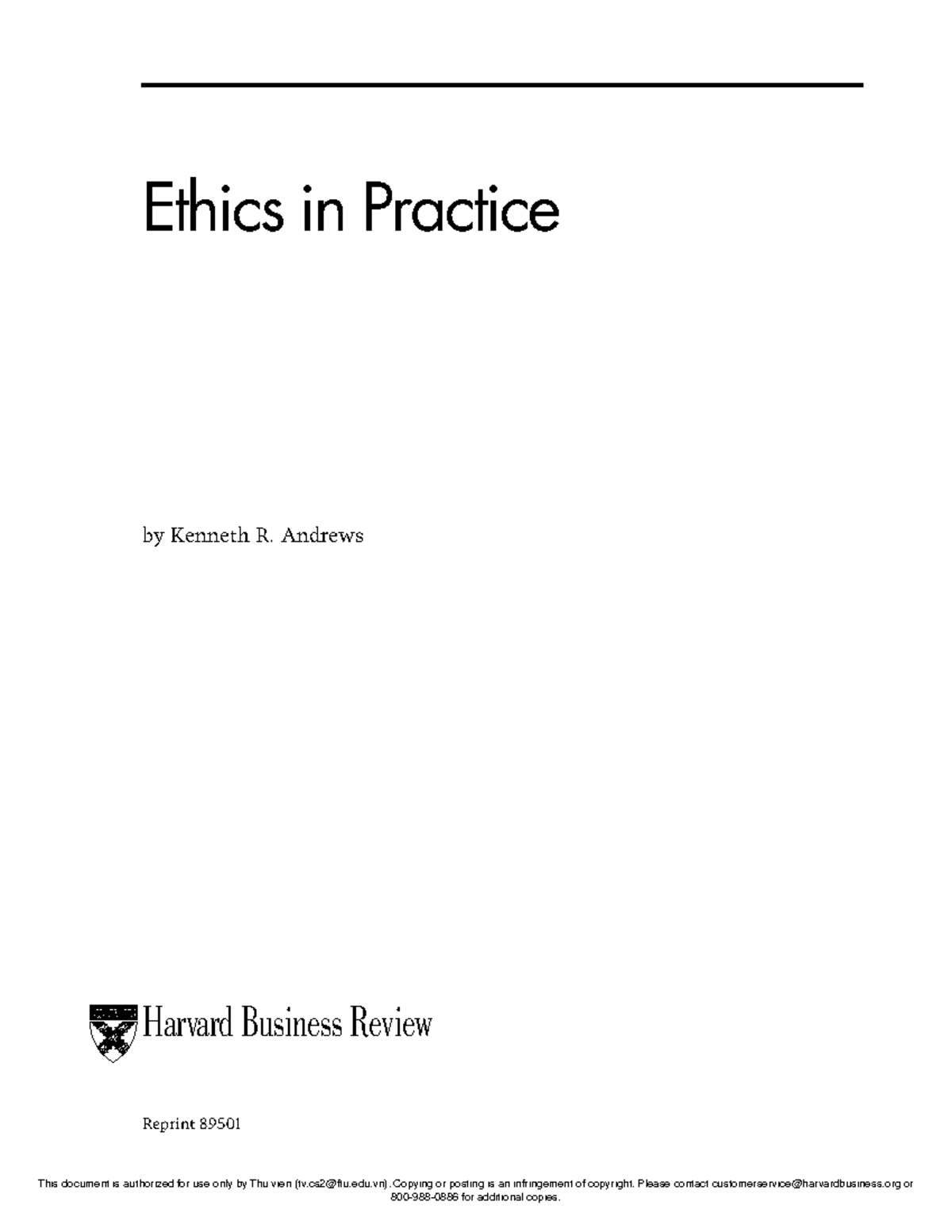 Ethics in Practice: Insights from Kenneth R. Andrews (HBR 89501) - Studocu