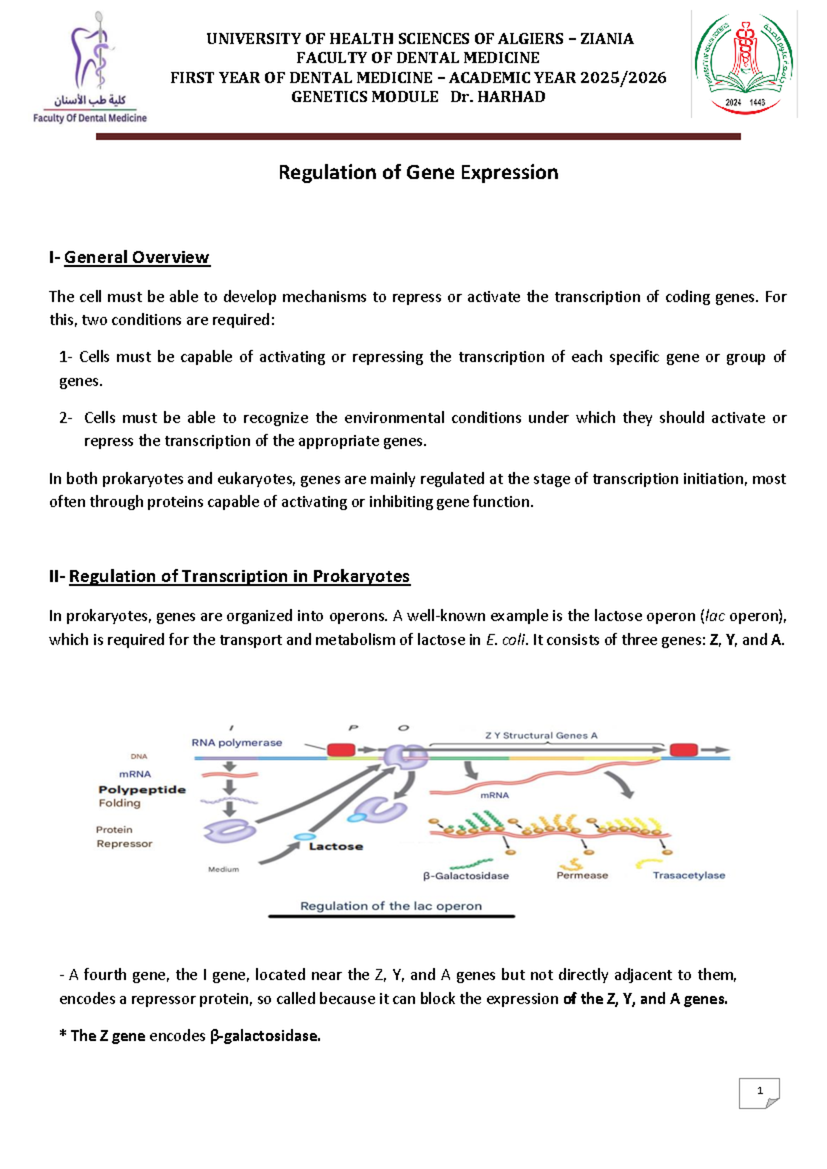 Genetics Module Lecture Notes - Regulation of Gene Expression - Studocu