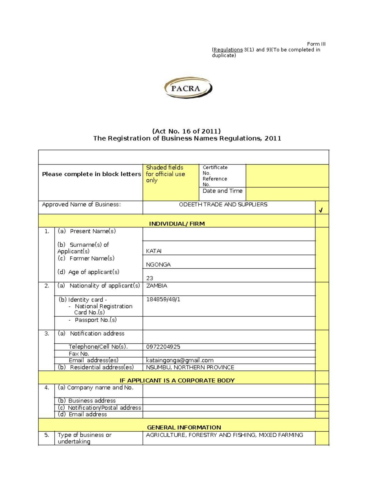 BNForm III - Registration of Business Names Regulations 2011 - Studocu