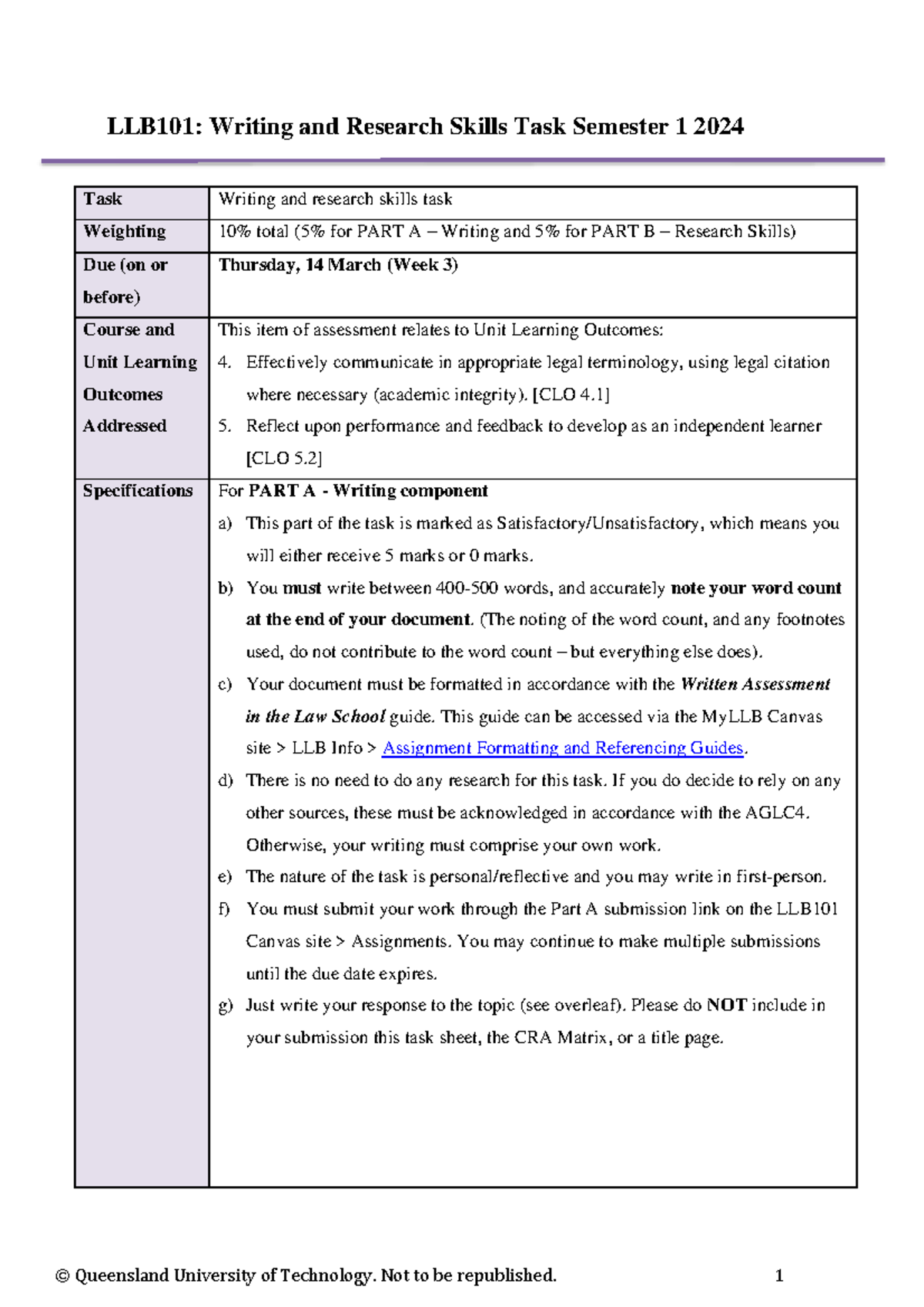 LLB101: Assessment 1 Task Sheet for Writing & Research Skills 2024 ...