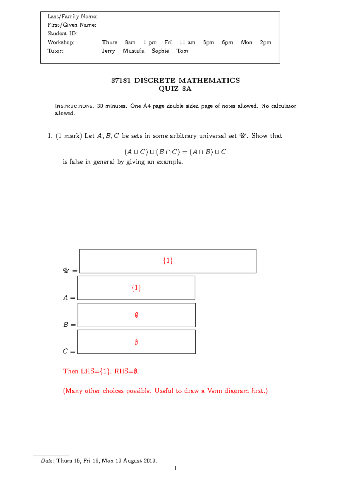Quiz 3A Solutions - Discrete Mathematics (37181) - Studocu