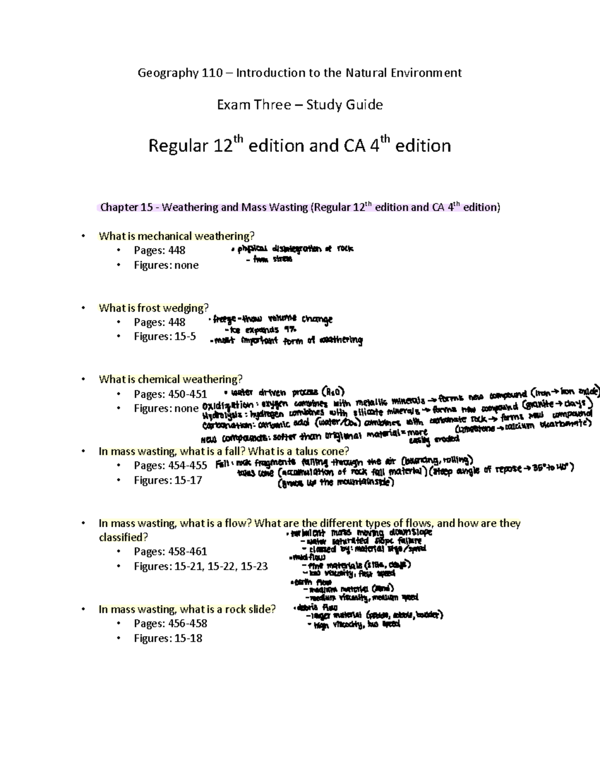 GEO 110 Final Exam Study Guide: Weathering, Mass Wasting & More - Studocu