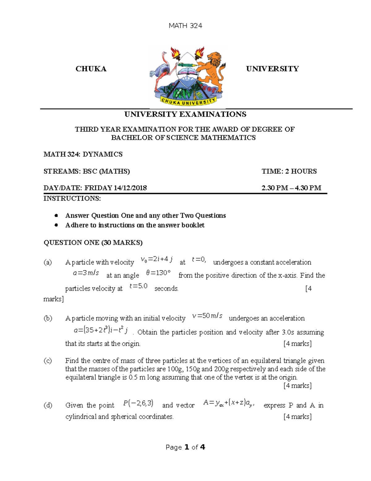 MATH 324 - Dynamics Practice Exam Questions and Solutions - Studocu