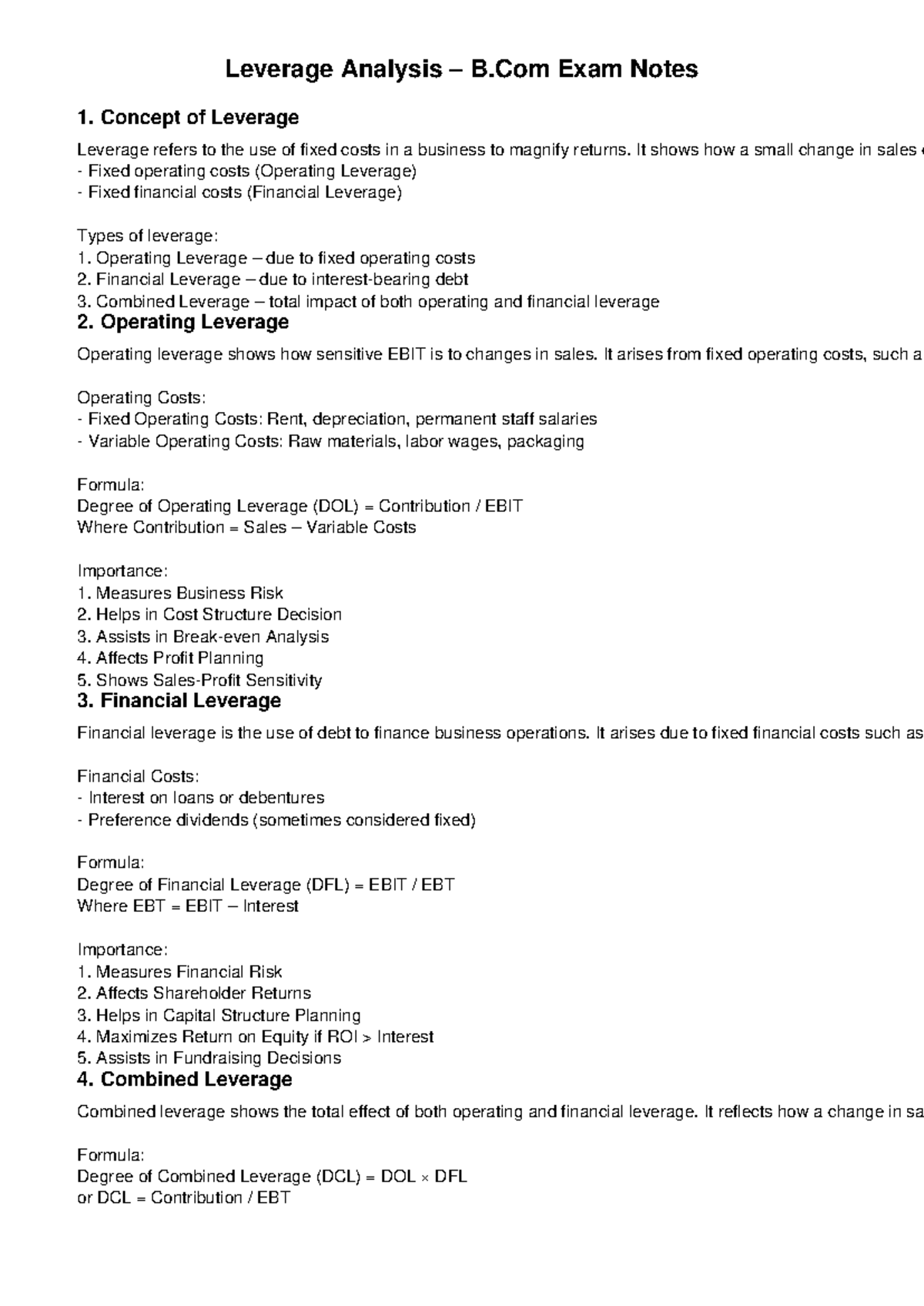 B.Com Exam Notes: Leverage Analysis Overview and Concepts - Studocu