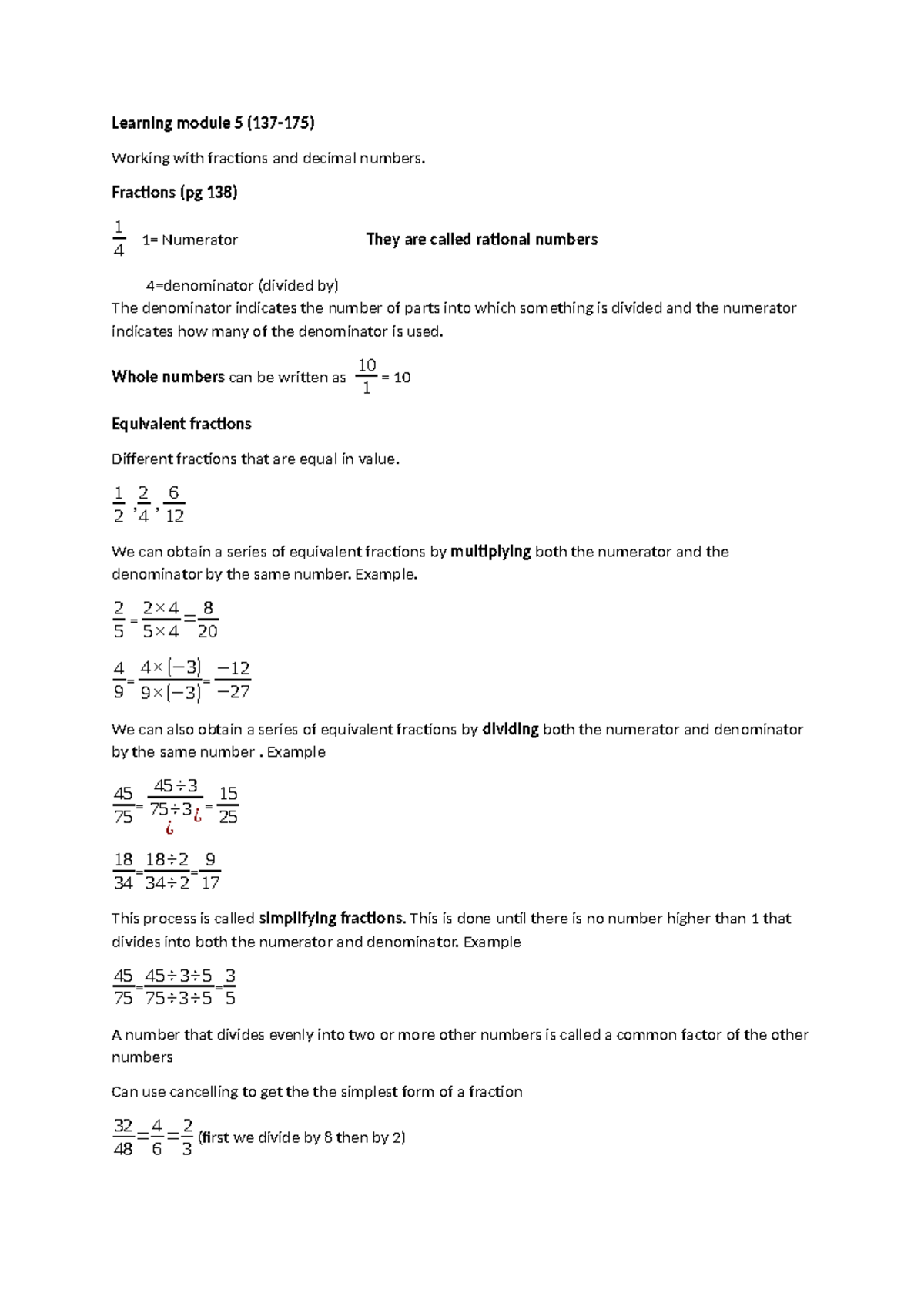 Module 5 - Fractions and decimals - Learning module 5 (137-175) Working ...
