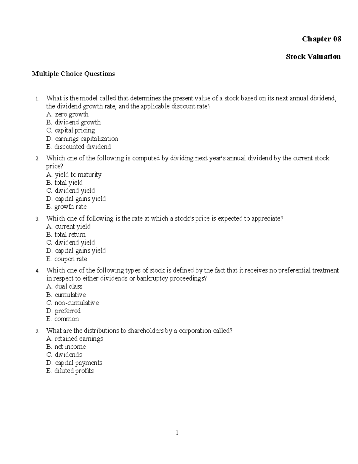 Chapter 08 Stock Valuation: Multiple Choice Questions Guide - Studocu