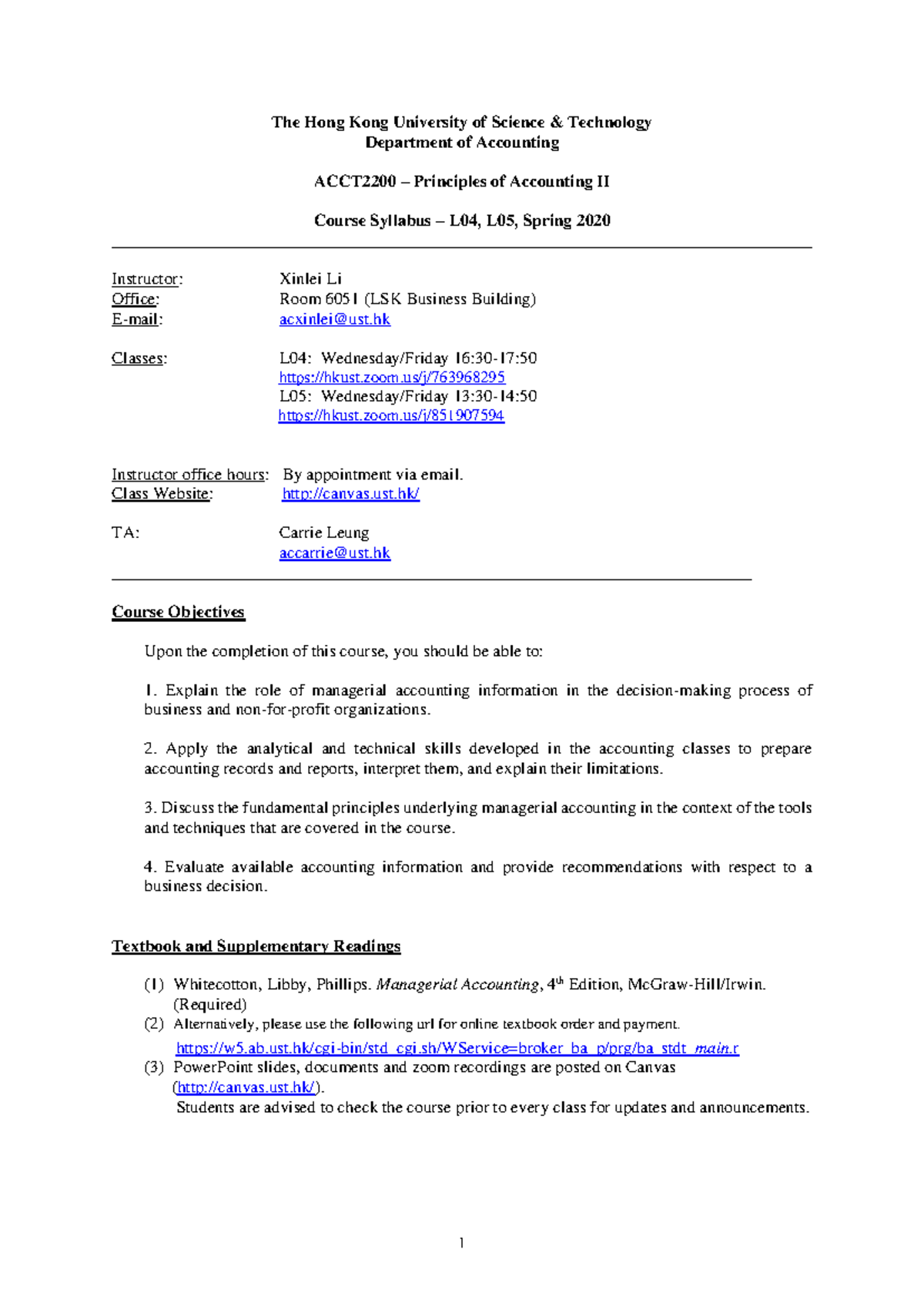 ACCT 2200 Syllabus Spring 2020 – Quiz Schedule & Course Details - Studocu