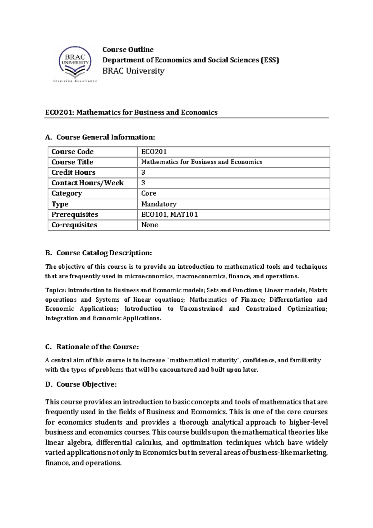ECO201: Course Outline for Mathematics in Business & Economics - Studocu