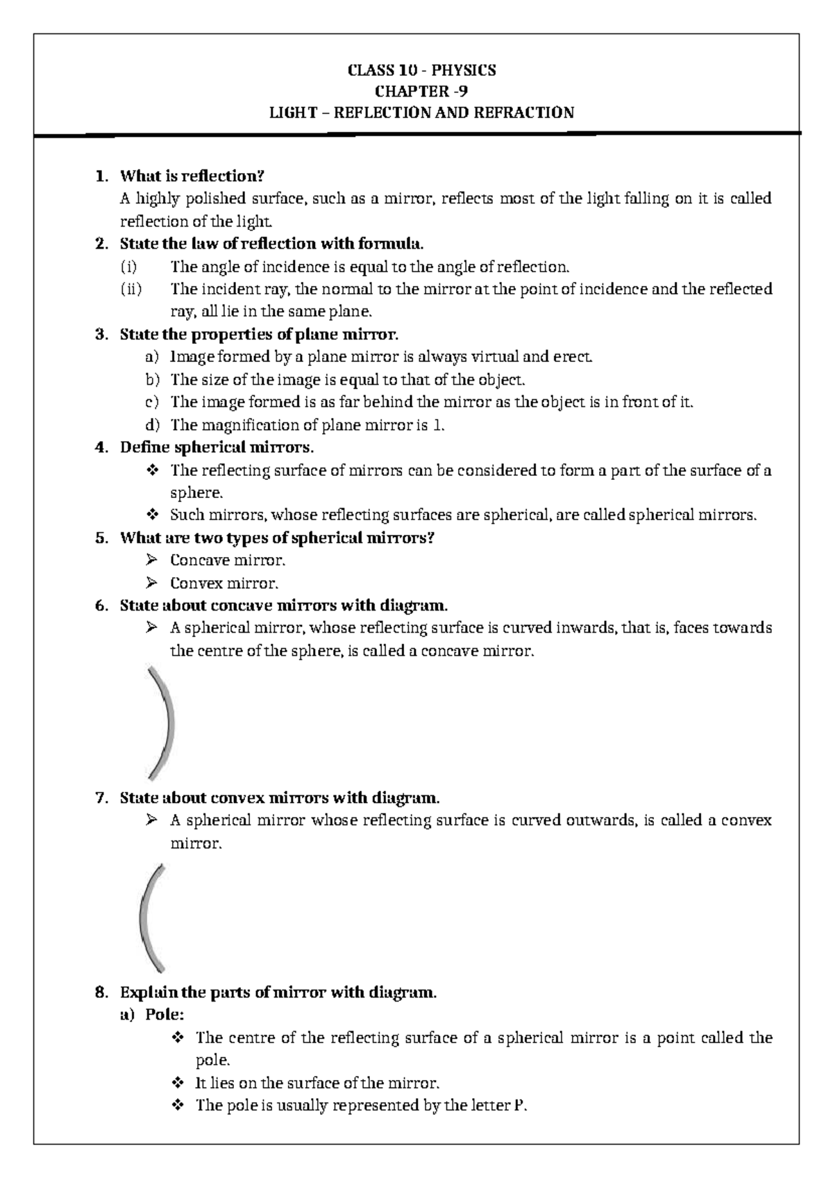 CLASS 10 PHYSICS CHAPTER ON LIGHT: REFLECTION & REFRACTION NOTES - Studocu