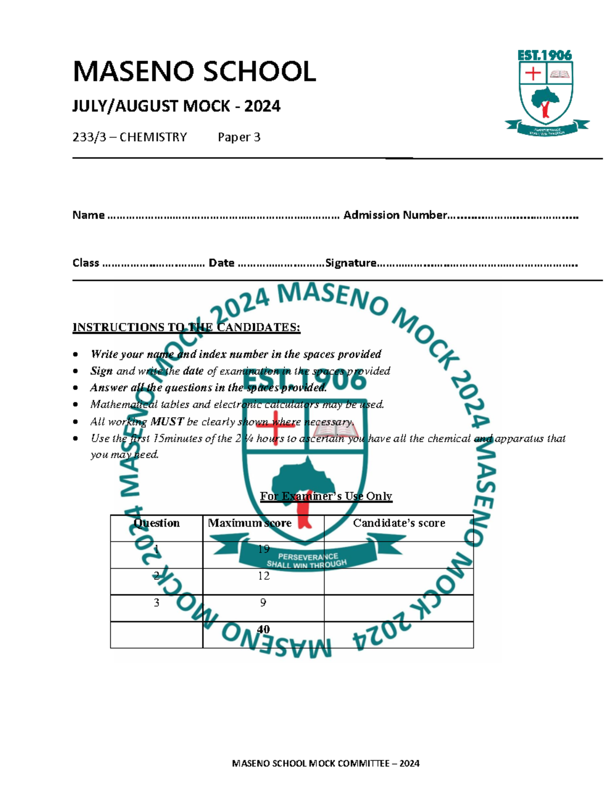 Chemistry Paper 3 Mock Exam 2024 - Maseno School - Studocu