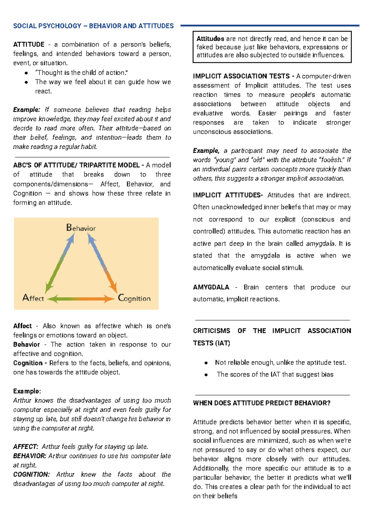 Midterms - Social Psychology - ATTITUDE - a combination of a person's ...