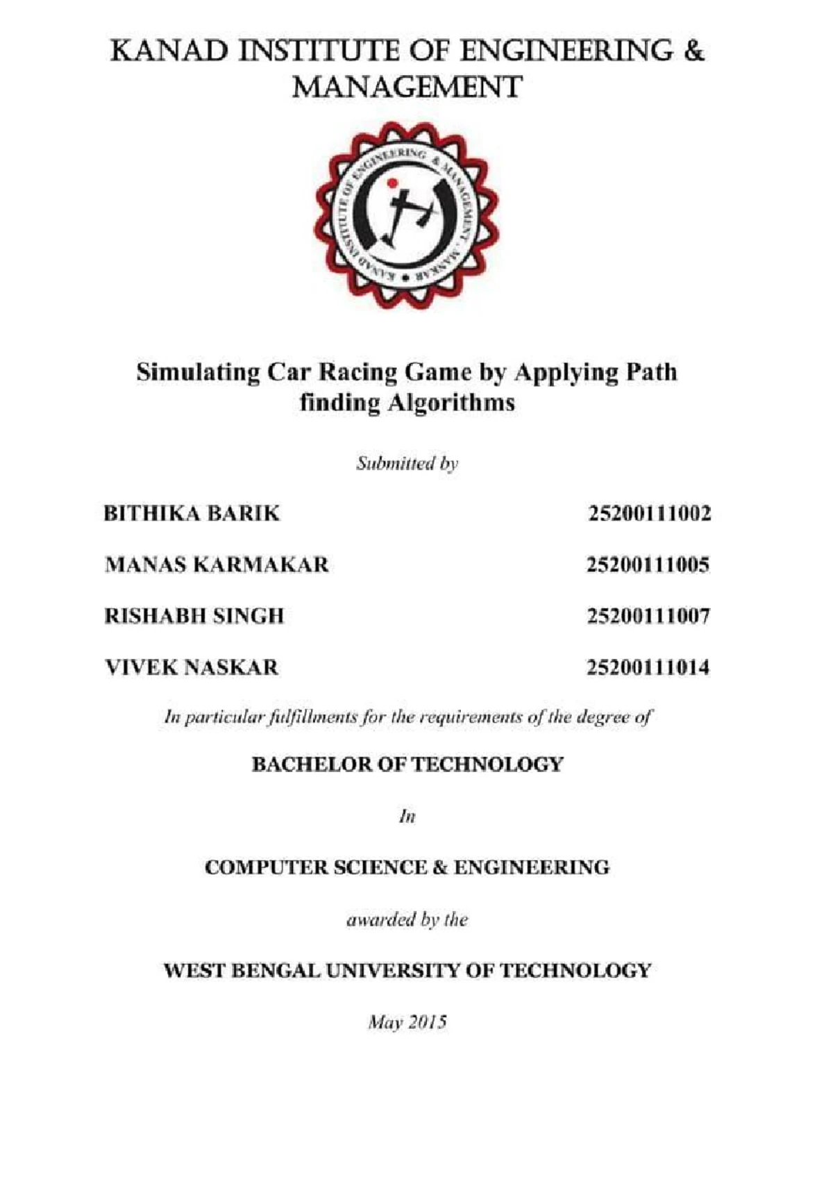 Project Report on Car Racing for IV Sem M.Sc. in CS (P01BE23S038051 ...