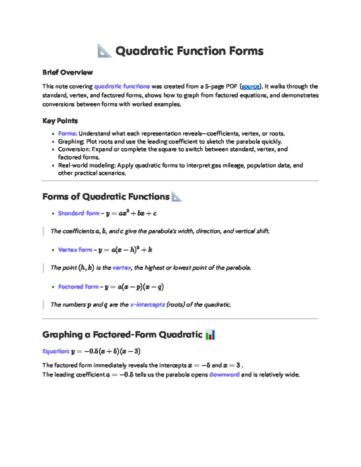 Alg Unit 8: Quadratic Functions Overview and Graphing Techniques - Studocu