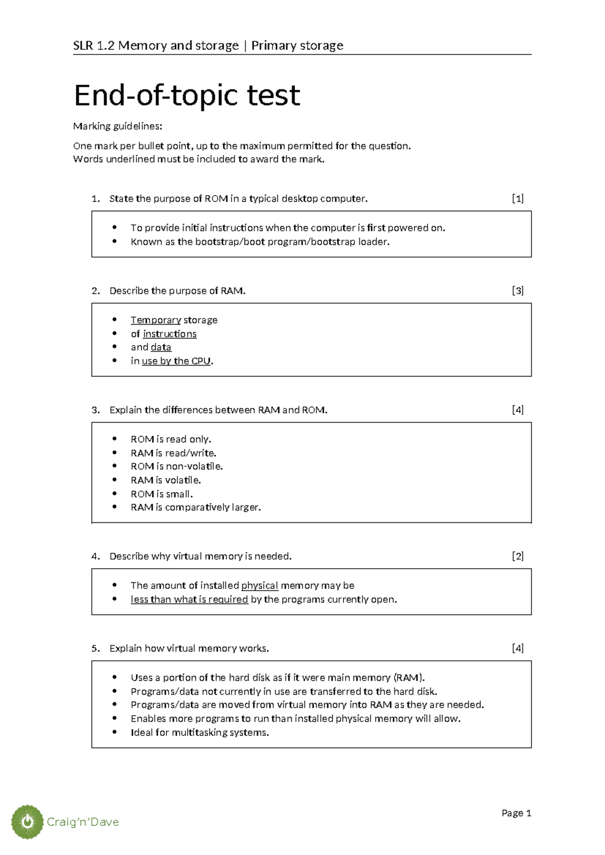 1.2 Test 1 - Primary Storage: Key Concepts and Answers - Studocu