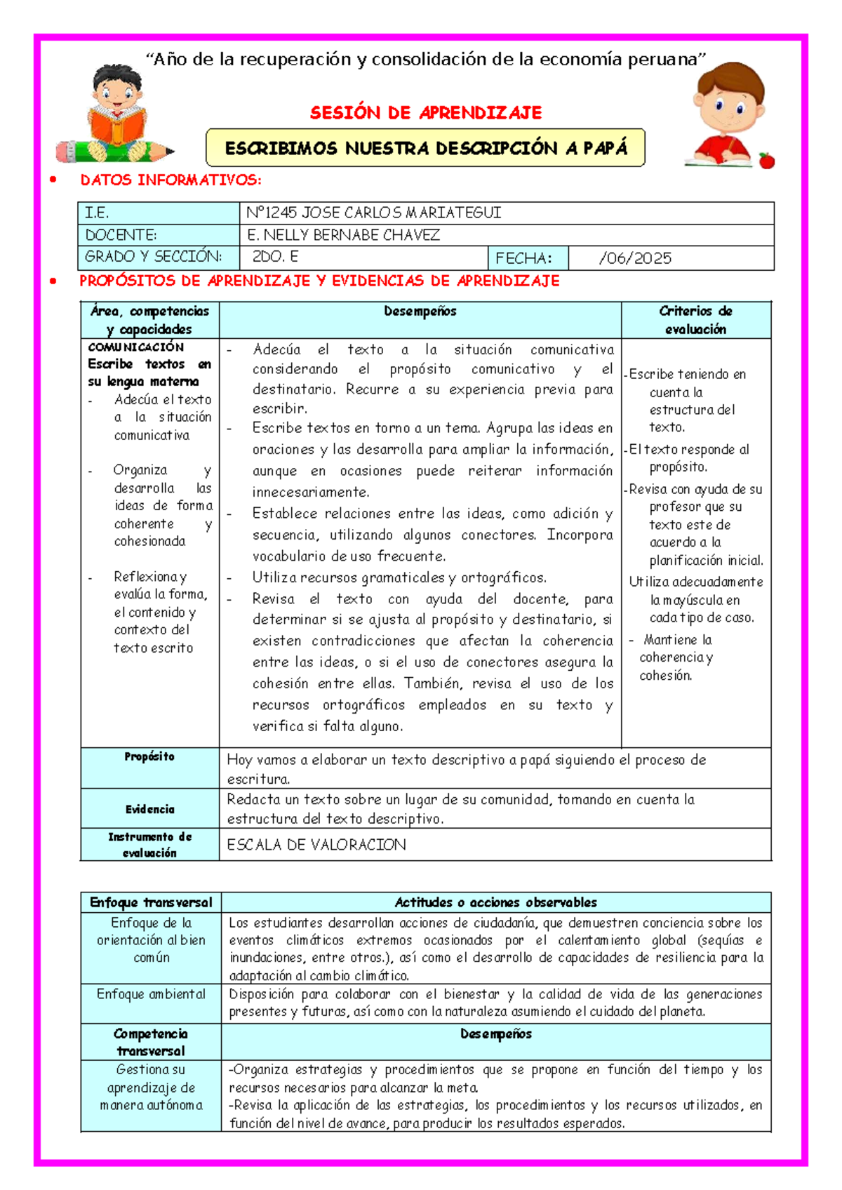 Sesión de Aprendizaje: Escribimos Nuestra Descripción a Papá - Comunicación - Document Preview